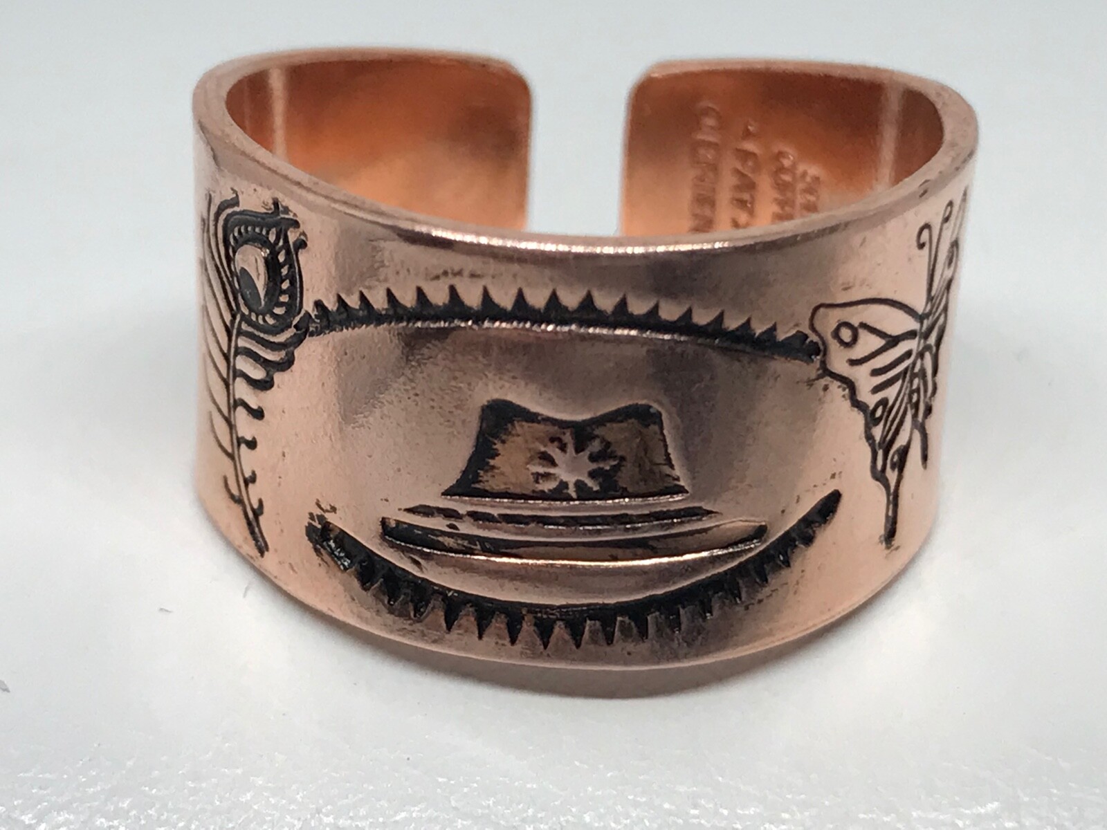 COPPER RING Open Back Hand MADE HAT-Peacock Feather-Butterfly #CR-078