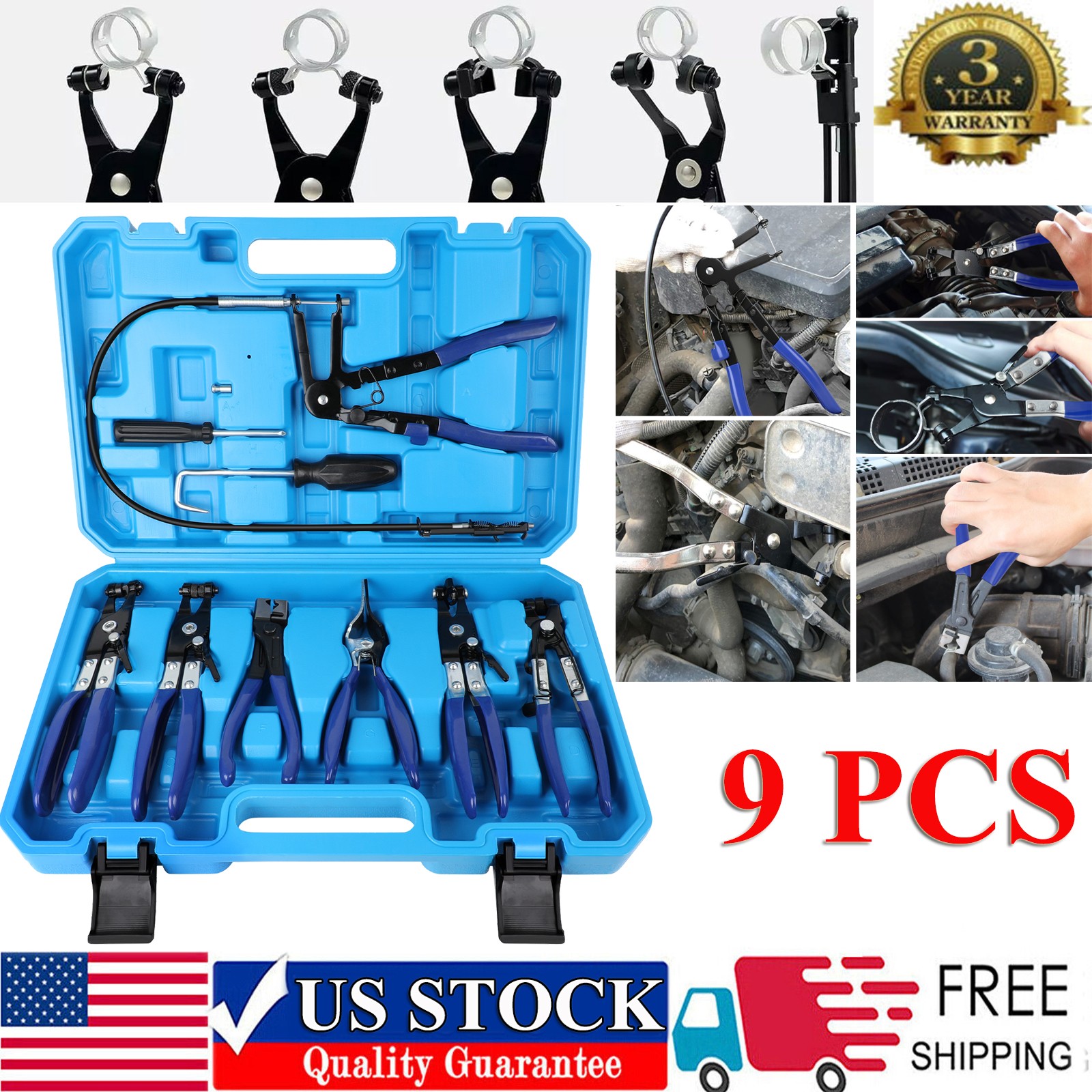 9pc Wire Hose Clamp Clip Pliers Set Swivel Jaw Fuel Oil Water Hose Auto Tool Kit