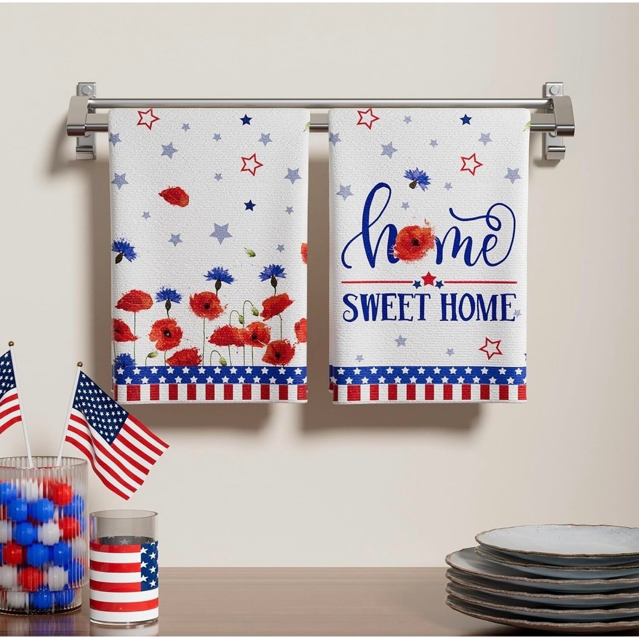 Patriotic Kitchen Towels Set 2 4th of July Dish Towels Americana Red White Blue