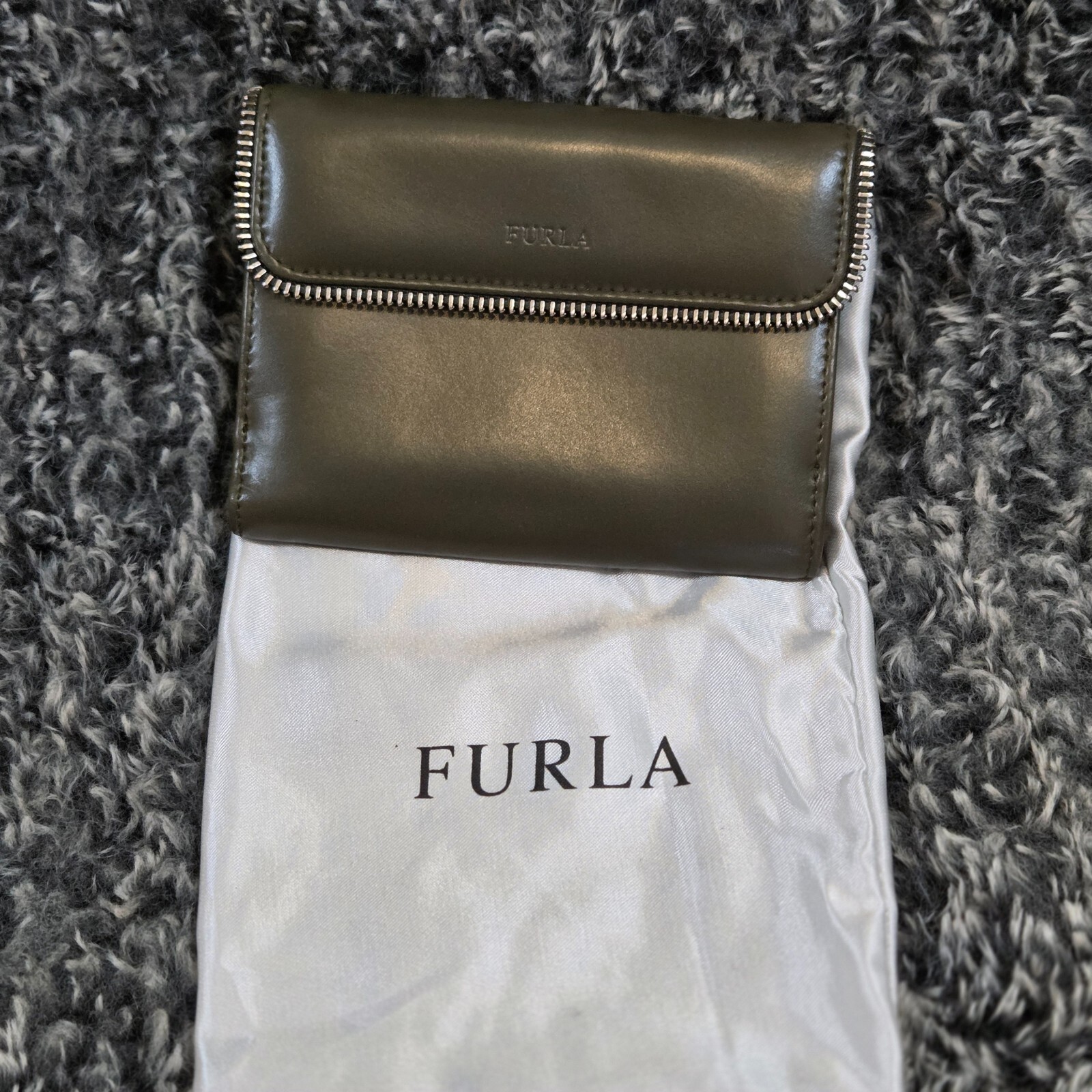 FURLA Fold Compact Wallet Brownish / Green Zip Accent And Dust Bag