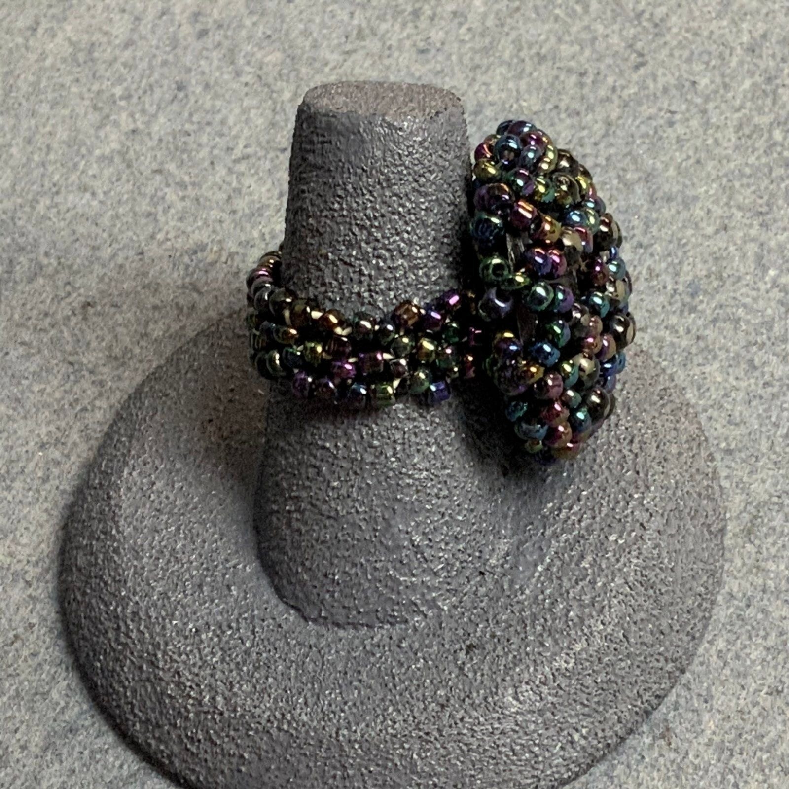 Statement Beaded Button Ring Size 11 As Is Stretch Band Black Iridescent Retro