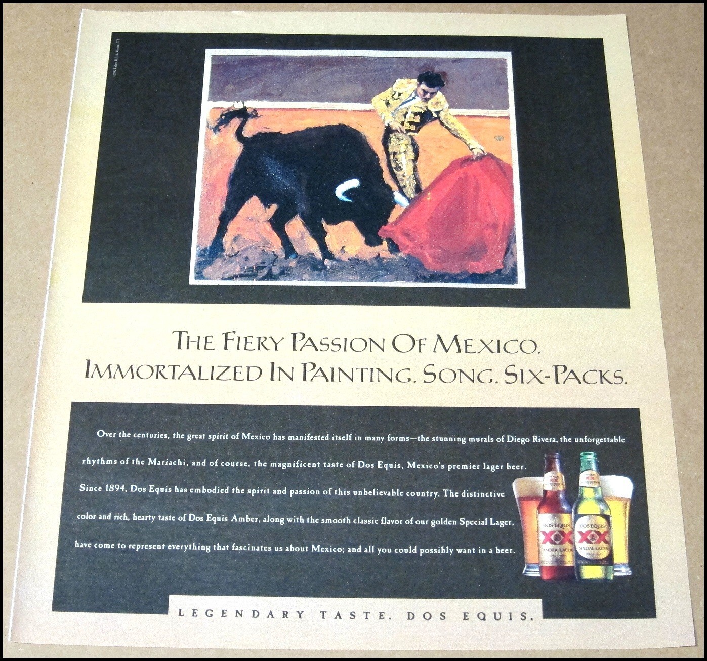 1997 Dos Equis Print Ad Beer Advertisement 10x12 Mexico Painting Bullfight Lager