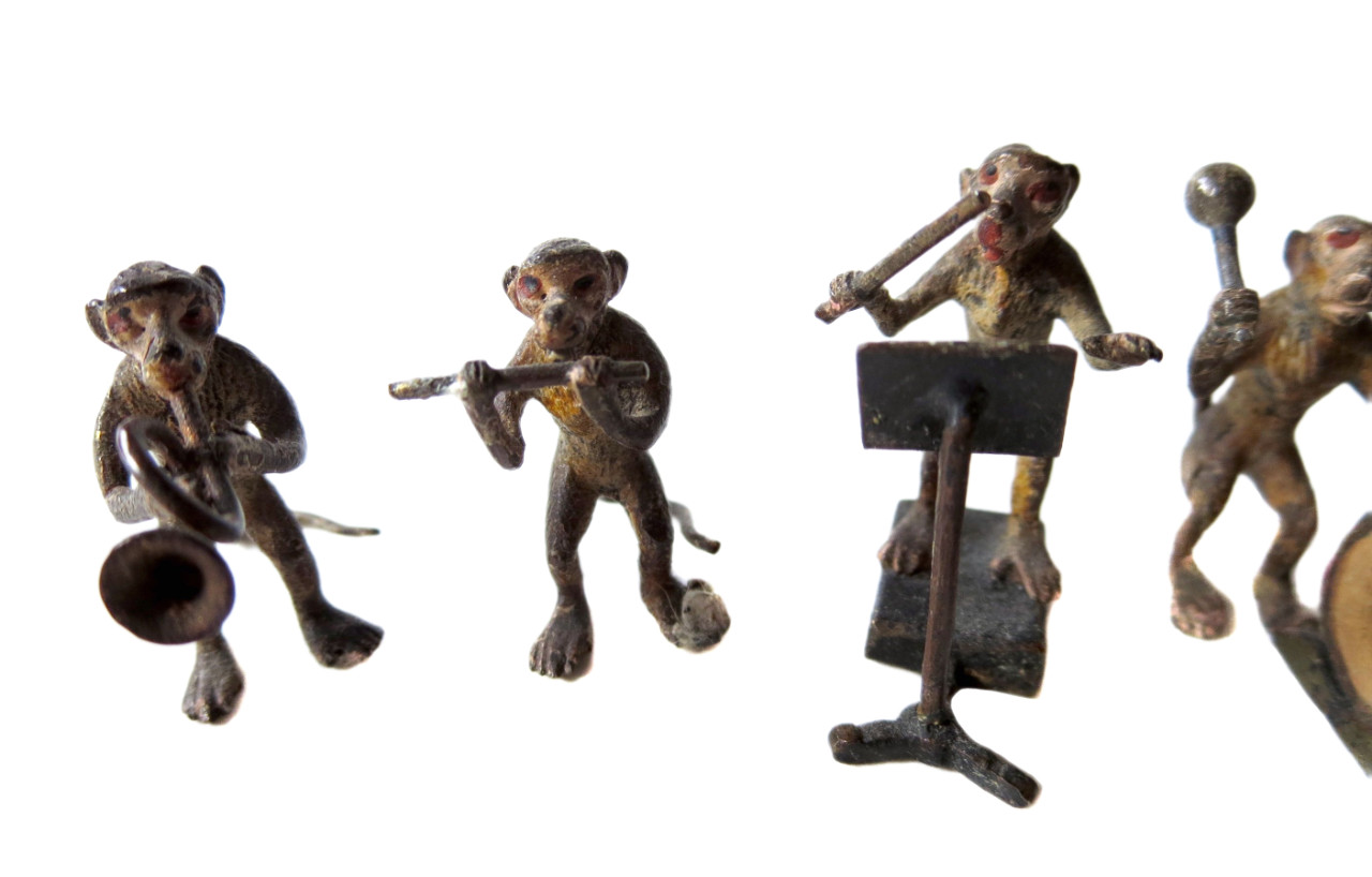 MONKEY Band ANTIQUE Austrian Vienna BRONZE COLD Painted 8 FIGURES