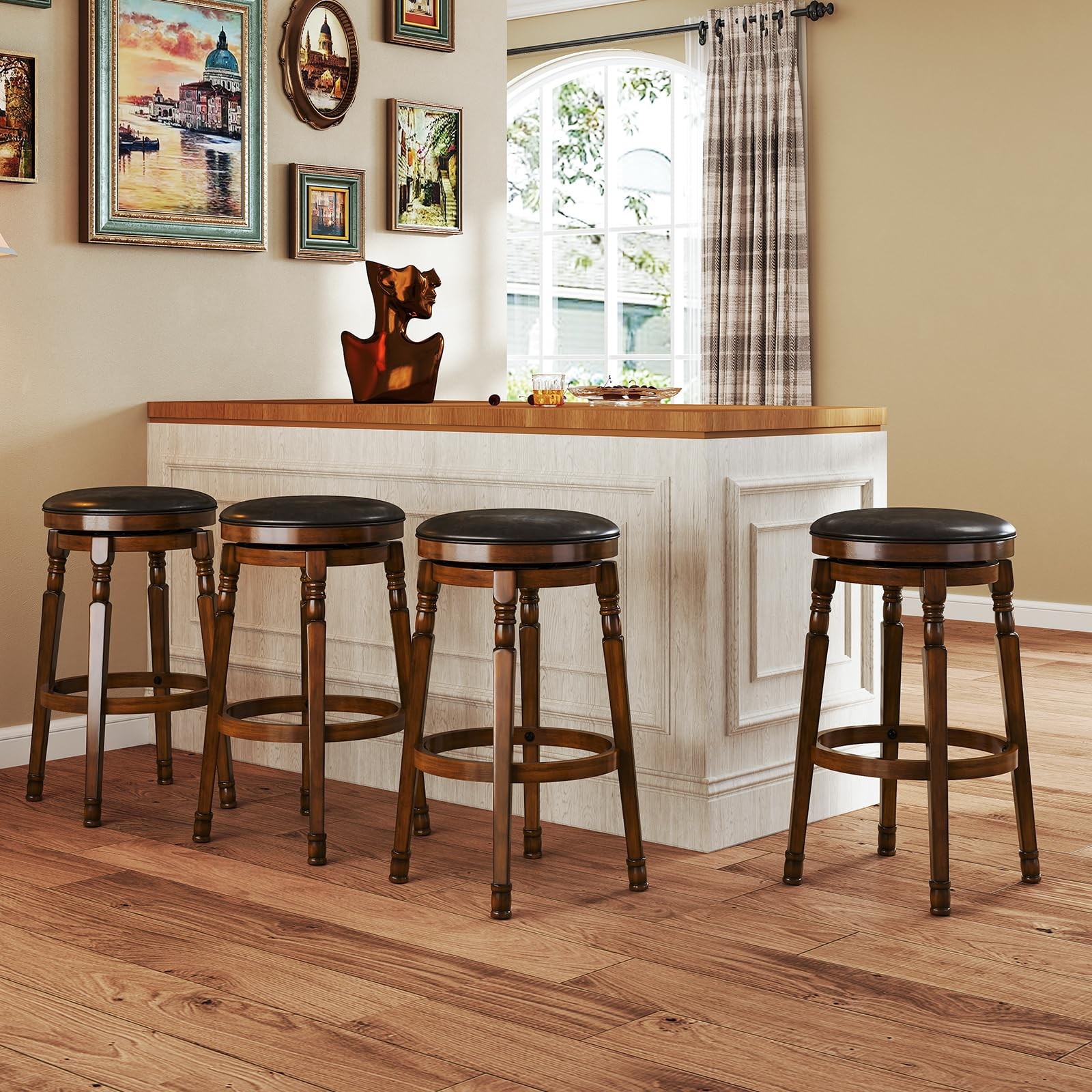 Swivel Bar Stools Set of 2, 29" Bar Height Bar Stools w/Faux Leather Padded S...