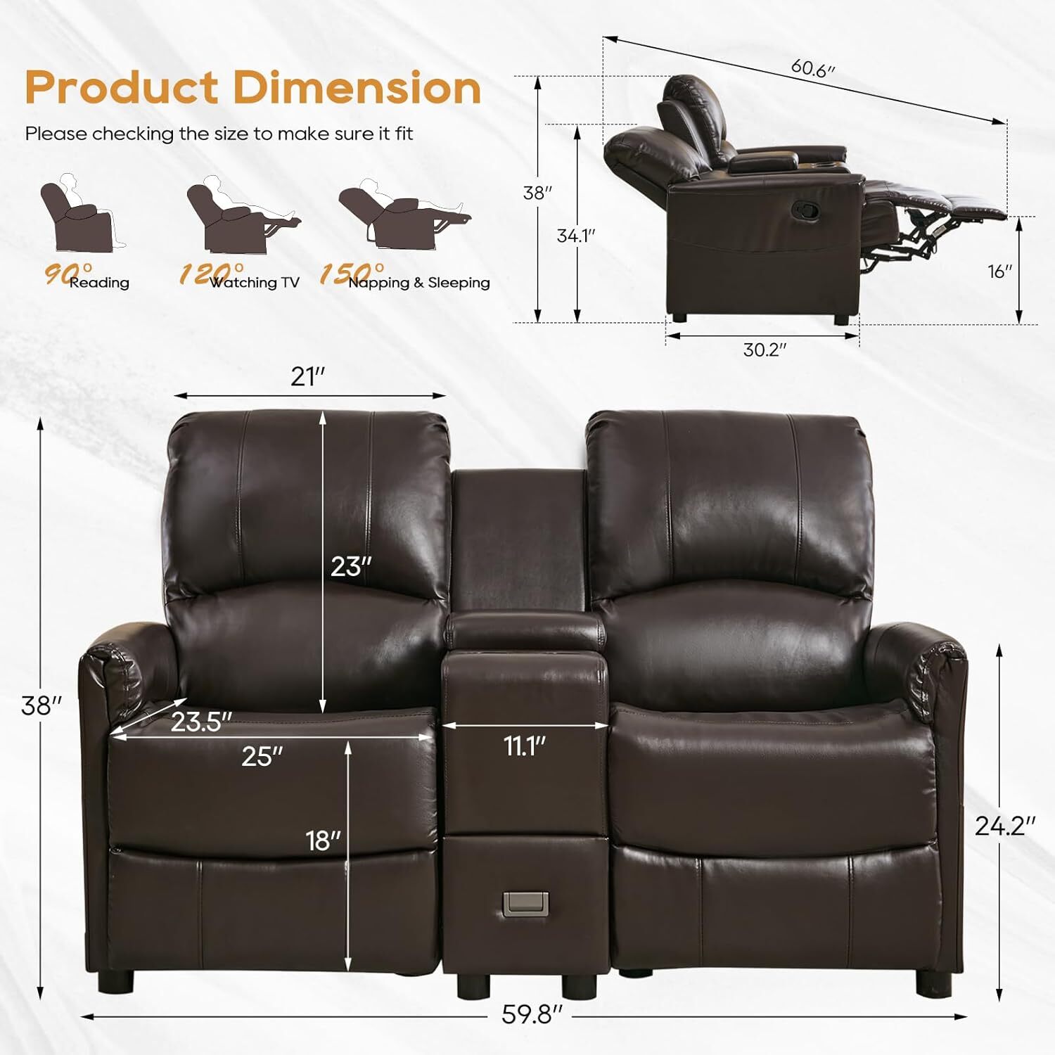 Loveseat Recliner Manual Reclining Sofa Home Theater Seating w/Storage Console
