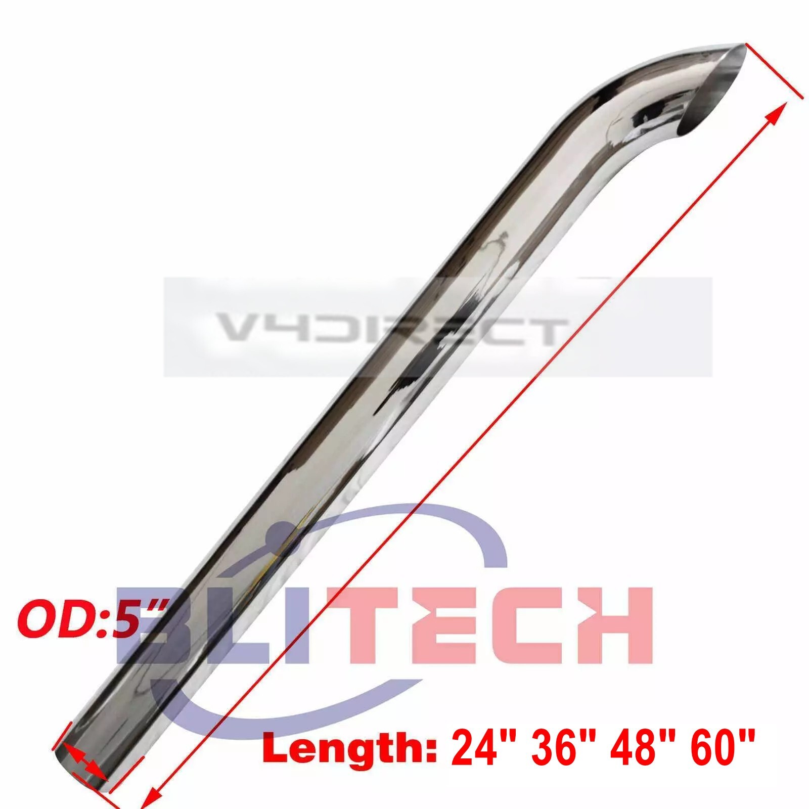 Chrome 5 inch 5" OD x 24" 36" 48" 60" Curved Stack Pipe Exhaust Semi Truck Tube