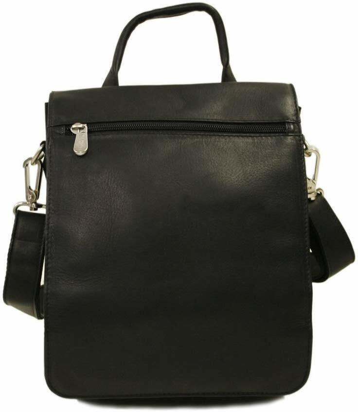 NWT Piel Soft Black Leather Double Flap-Over Tablet Shoulder Bag Unisex