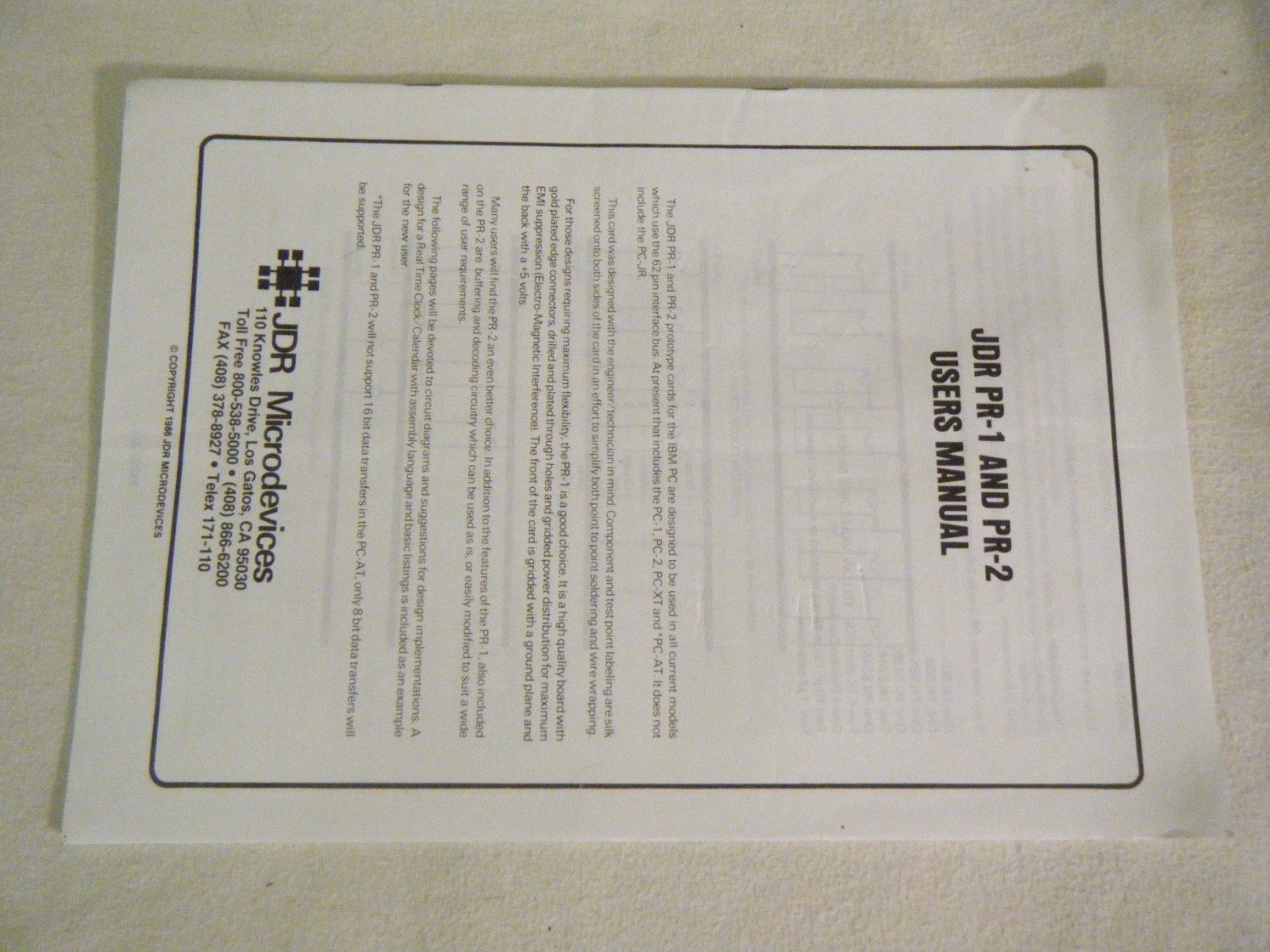 User Manual for JDR ISA Circuit Microdevices PR-1 PR-2