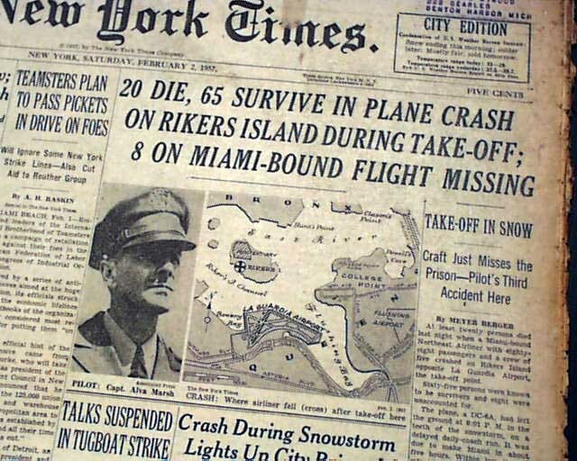 FLIGHT 823 Douglas DC-6 Airplane LaGuardia Takeoff Crash DISASTER 1957 Newspaper