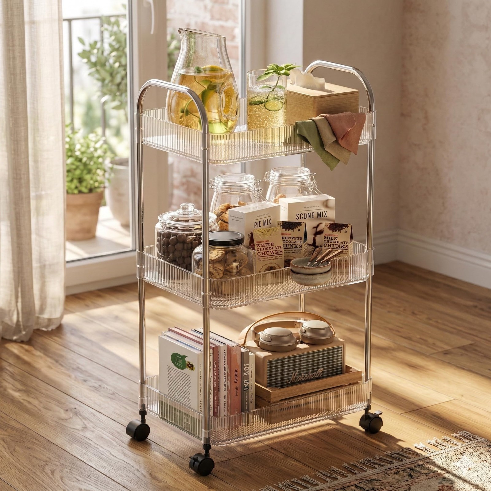 STARLATTA 3 Tier Rolling Cart with Lockable Wheels, Clear Acrylic Utility Tro...