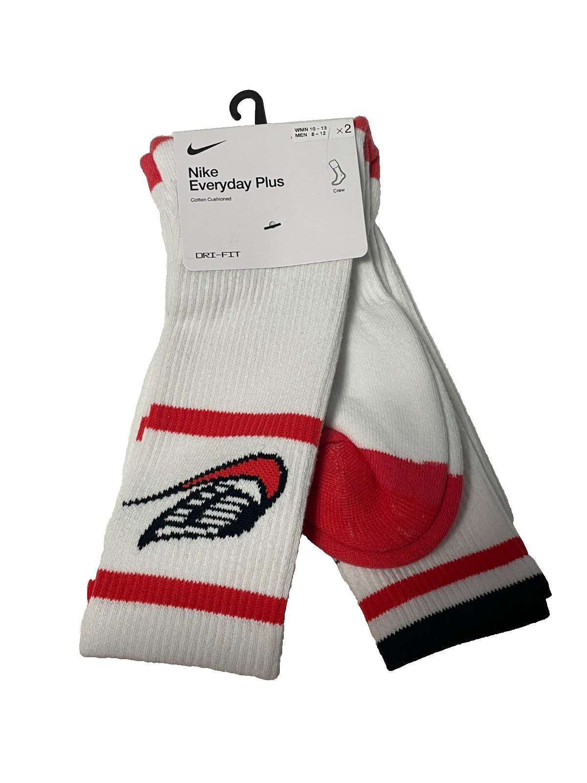 Nike Socks Mens Large Dri FIT Cotton Cushioned Crew 2 Pairs White Red FB3292