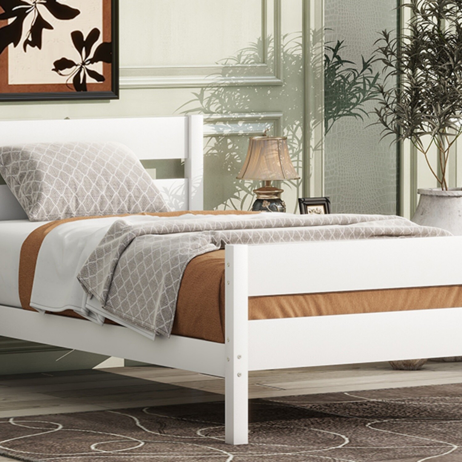 Twin Size Bed Frame Wooden Platform Bed Frame with Headboard White/Espresso