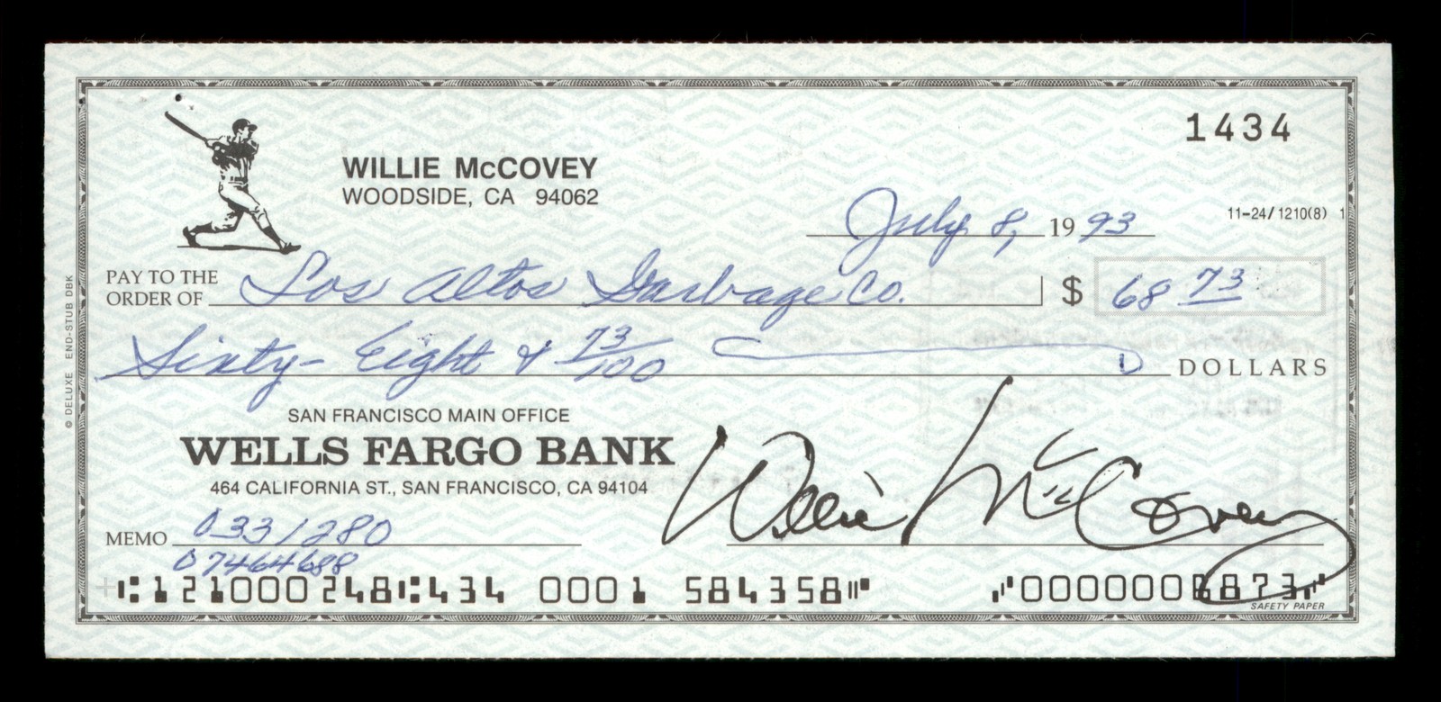 Willie McCovey Autographed Signed 2.75x6 Check San Francisco Giants 1434