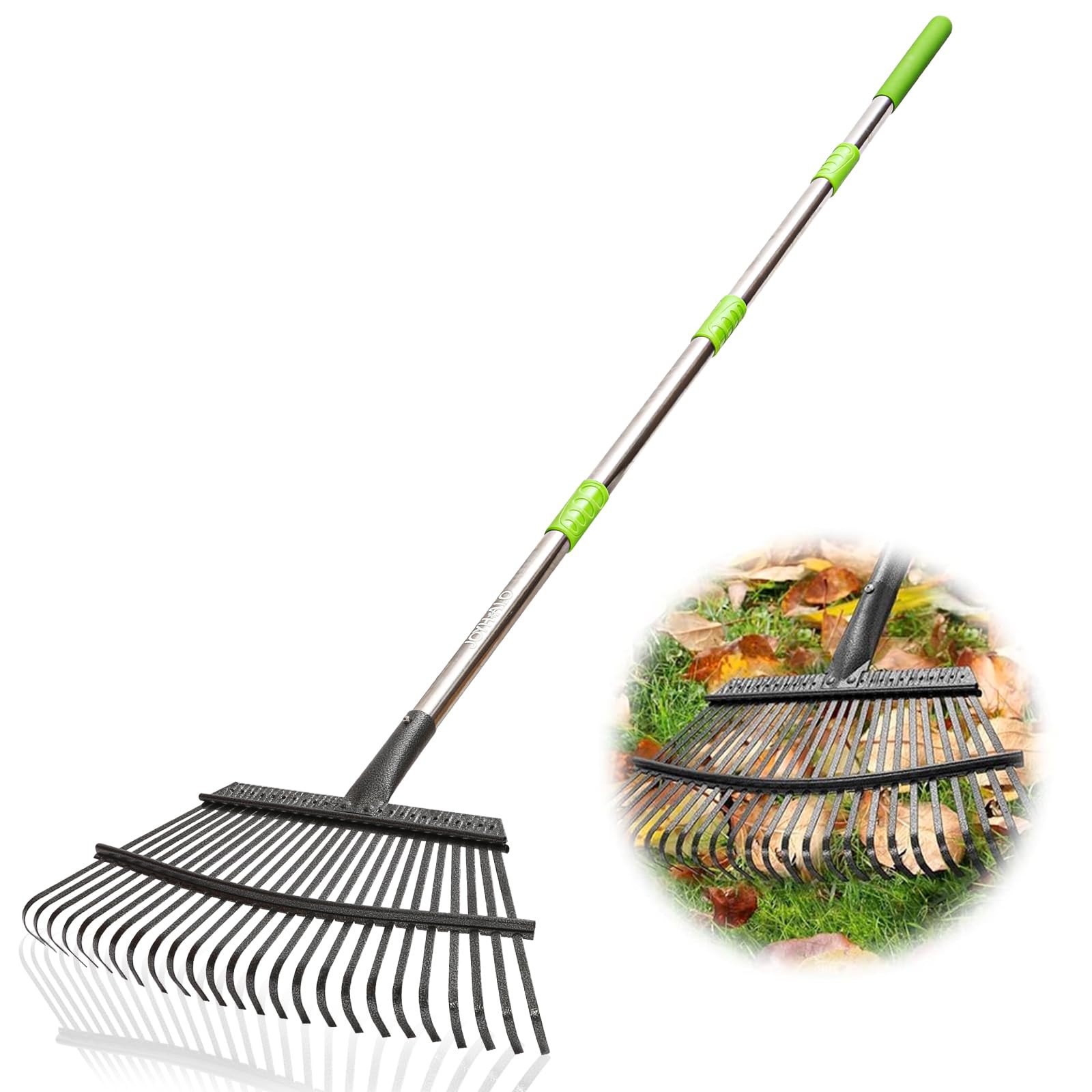 Rake for Leaves Adjustable 65 Inch Long, 18 Inch Wide Garden Rake with 25 Tin...