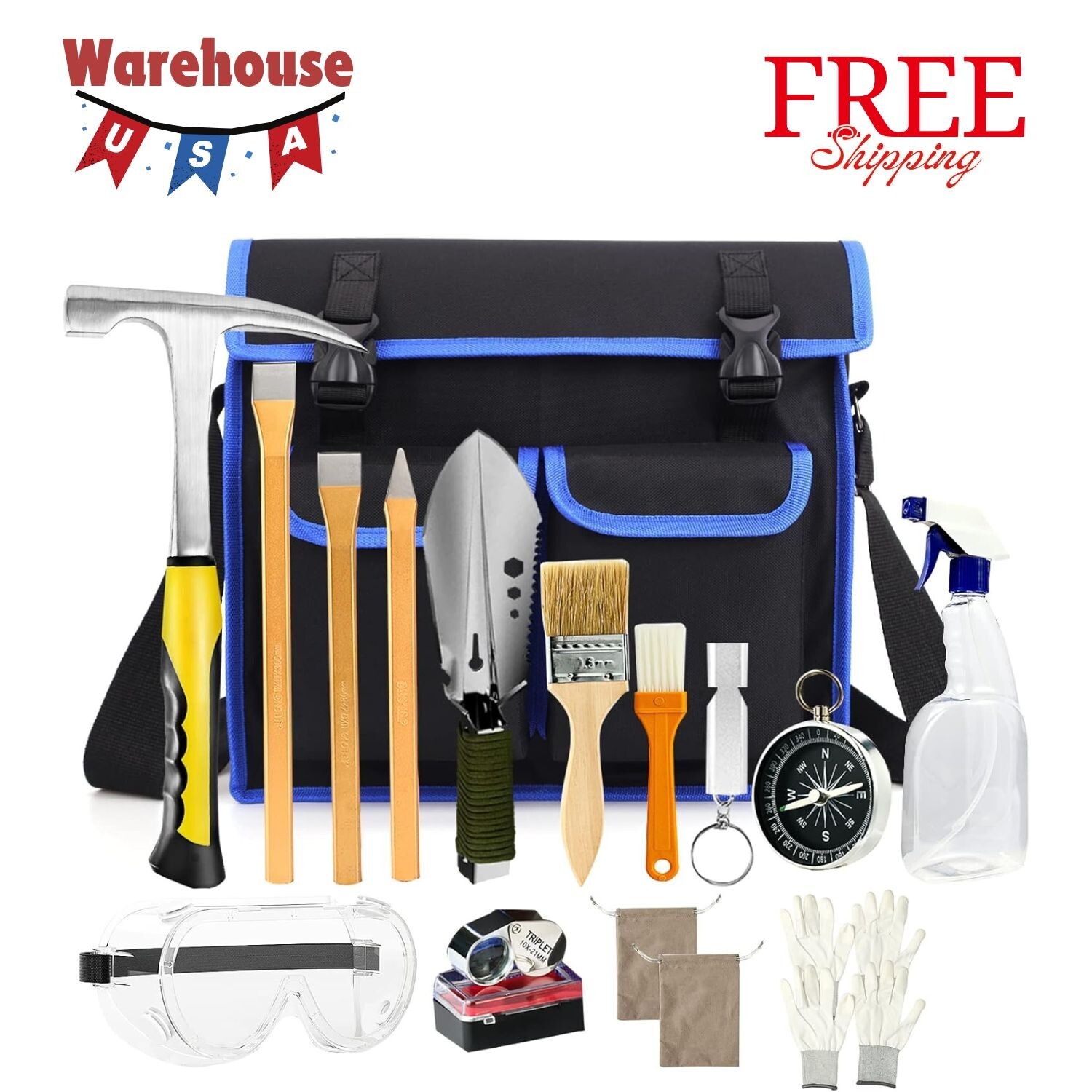 17PCS Geology Rock Pick Hammer Kit, 32oz Hammer & 3 PCS Digging Chisels Set