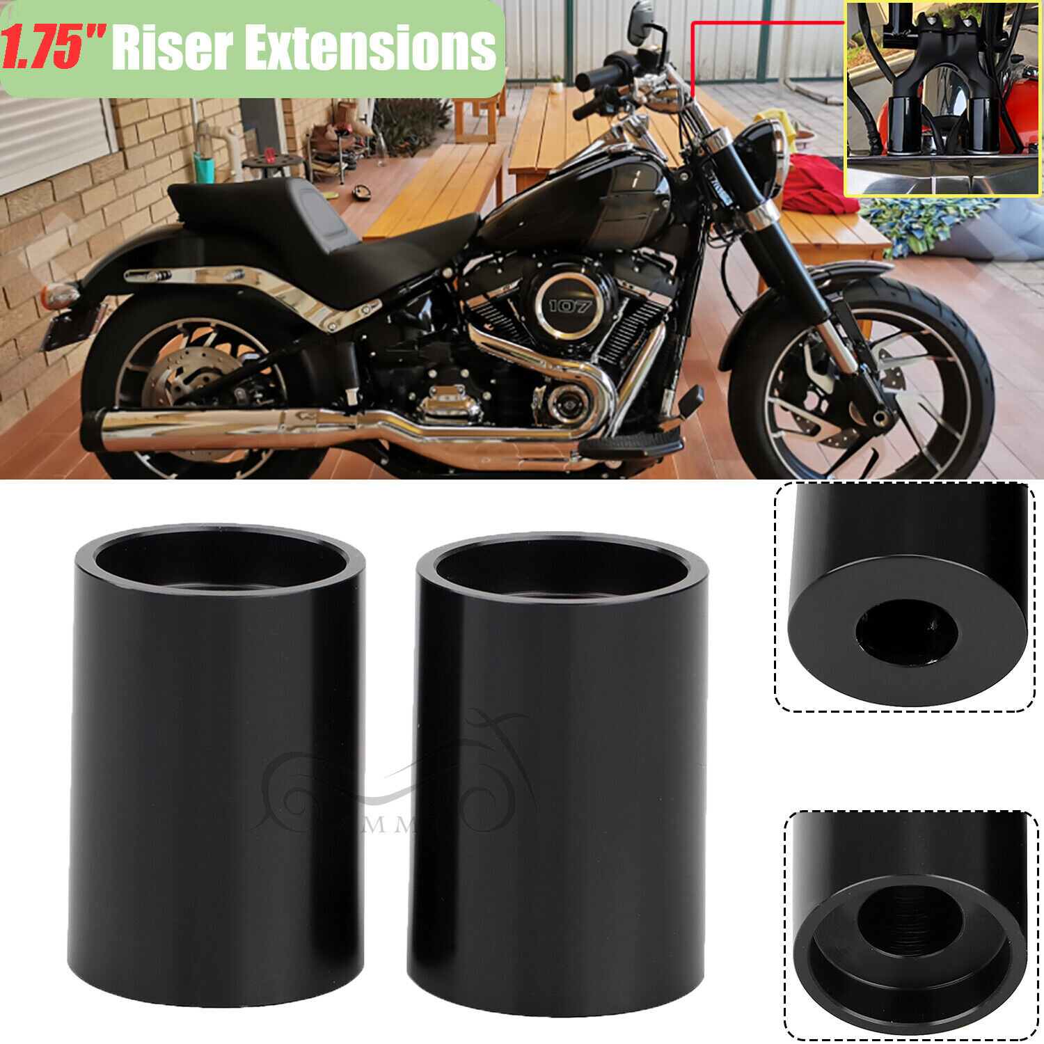 1.75" Black Riser Extensions For Harley Sportster Softail Dyna FXD 1" Handlebars
