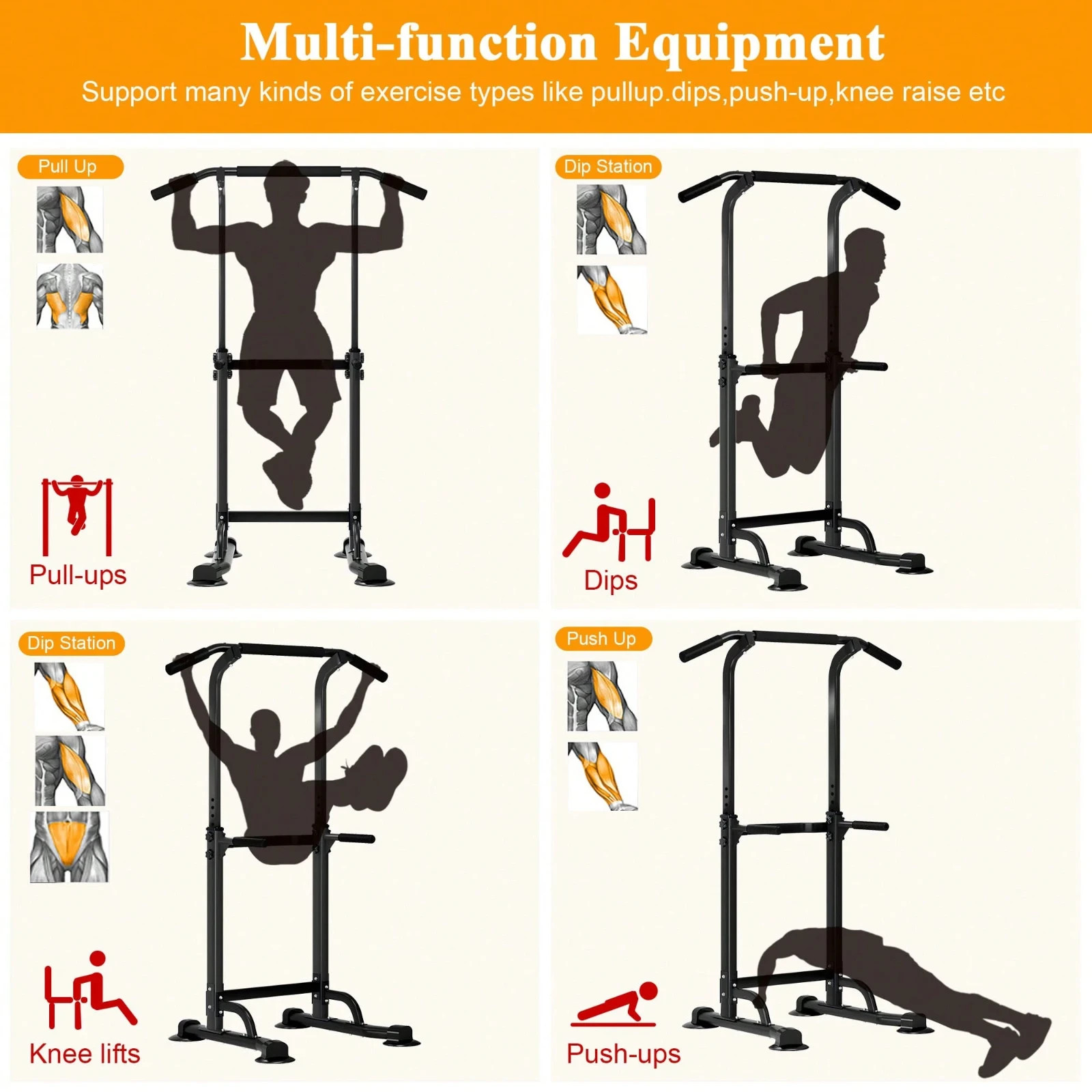 Power Tower Pull-Up Dip Station Strength Training Home Gym Black
