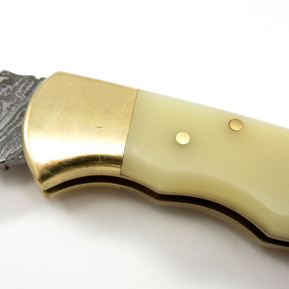 FOLDING POCKET KNIFE | Damascus Steel Blade Filework Spine Bone Handle Lockback