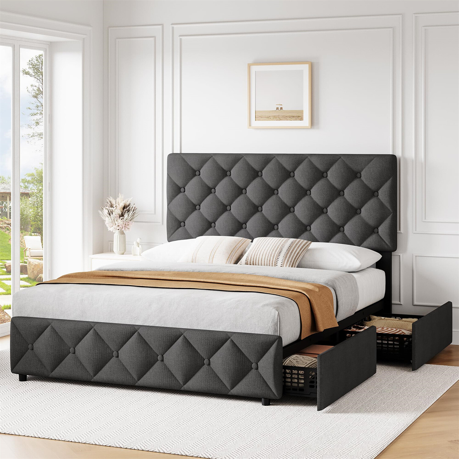 ✅Queen Size Bed Frame with 4 Storage Drawers and Headboard Upholstered Platform