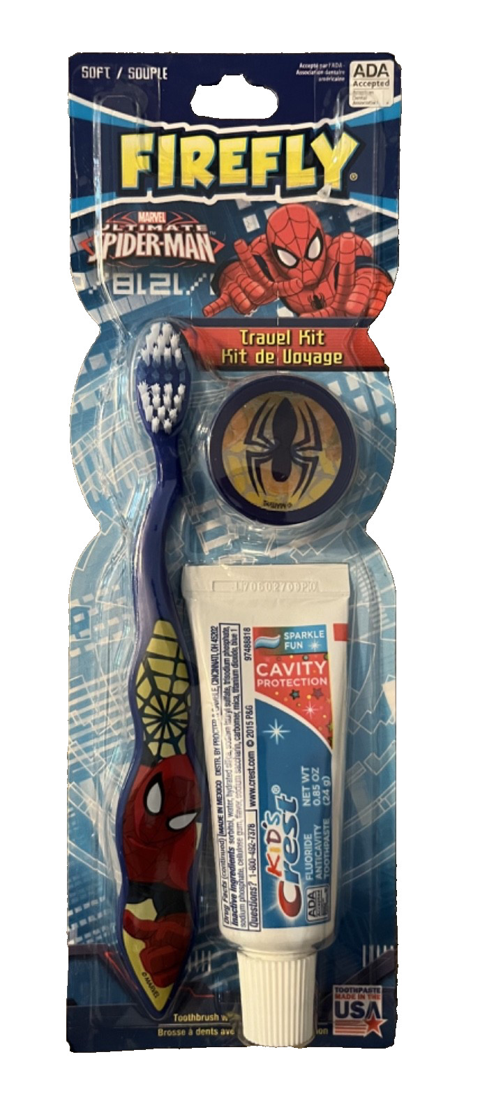 Spiderman Marvel Toothbrush Travel Kit - Toothbrush/Toothpaste/Cover Blue New