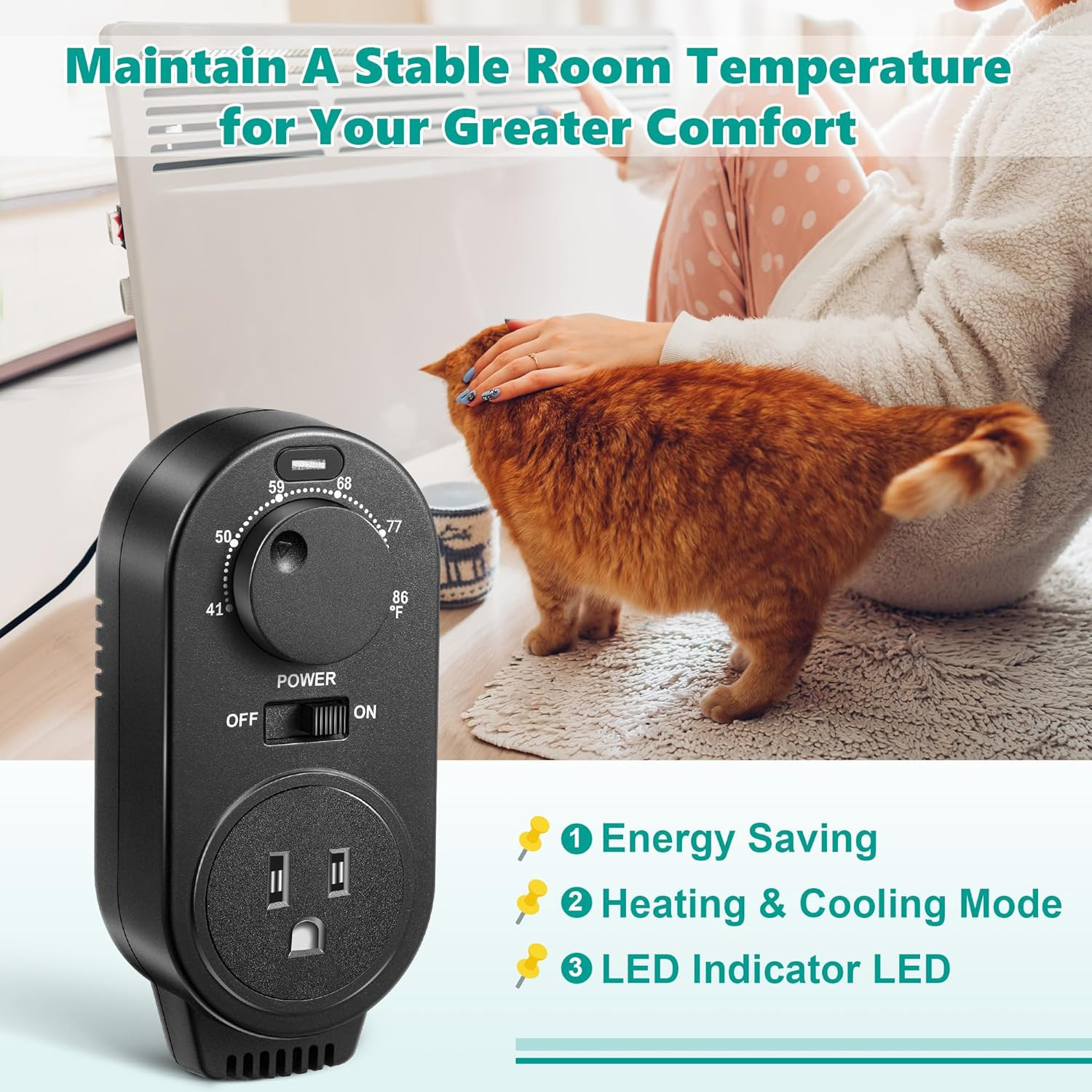 Adjustable Thermostat, Plug in Heating and Cooling Thermostat Controlled Outlet,
