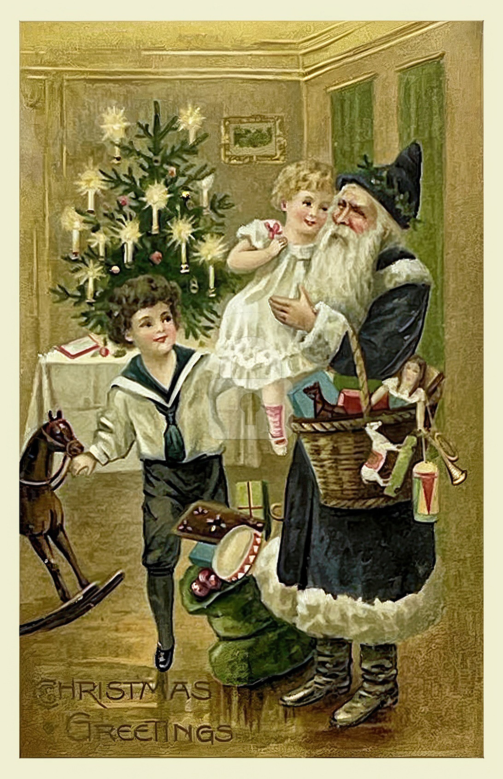 Santa Claus in Blue Suit Holding a Little Girl c. 1905 Color Art Postcard COPY