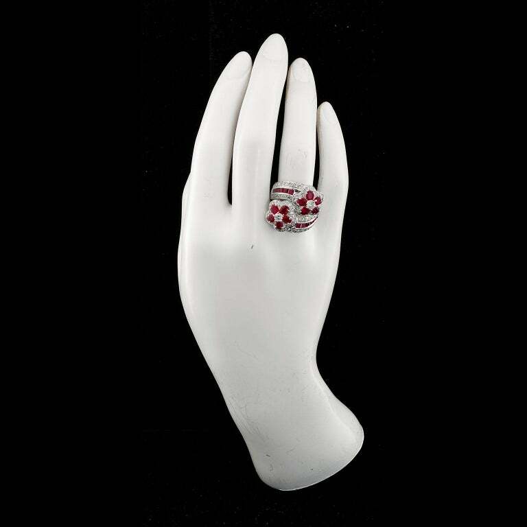 Oval & Baguette Cut Rubies & Clear White CZ 10.00TCW Two Flower Cluster Band