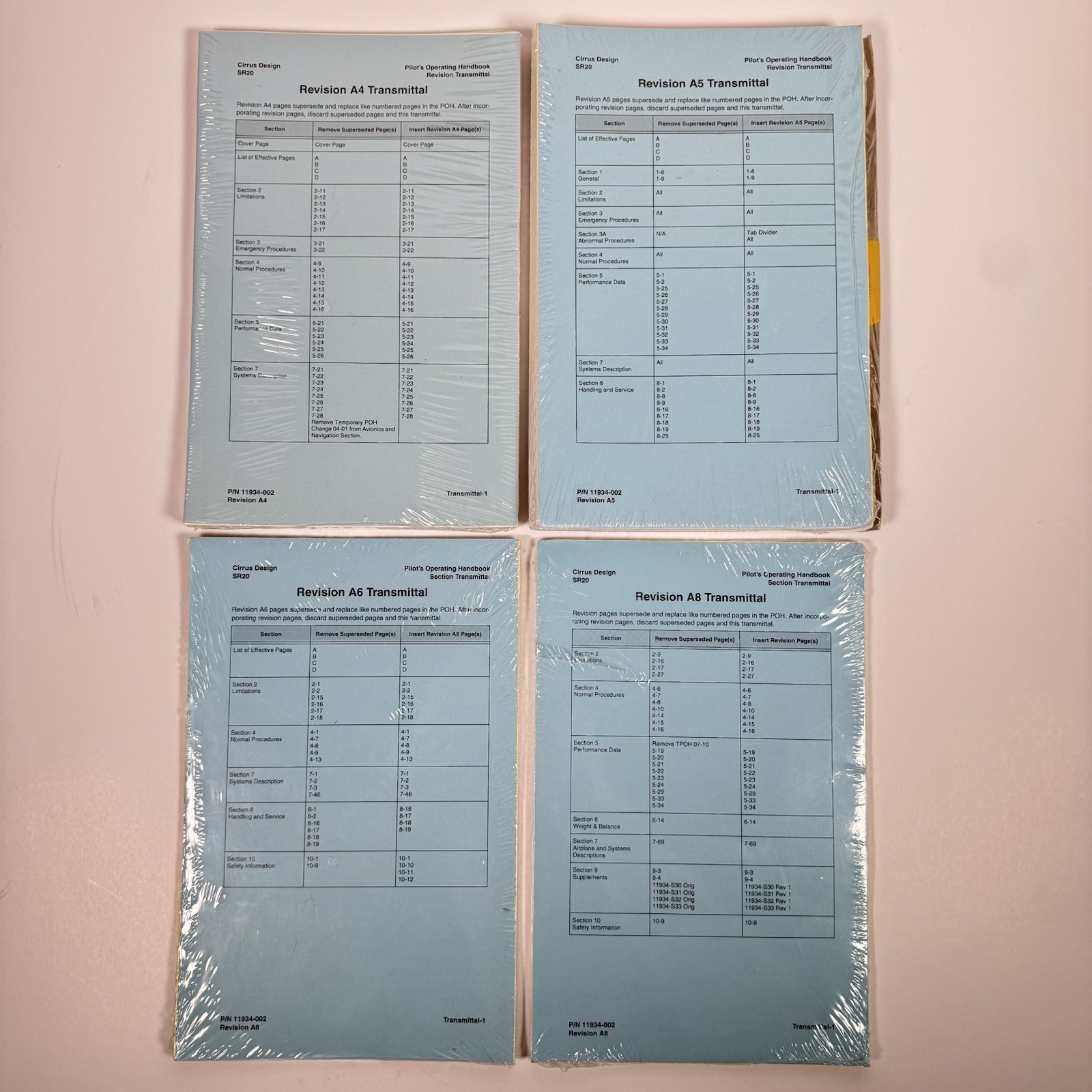 Cirrus SR20 POH Revision Transmittals A4 A5 A6 A8 Sealed P/N 11934-002 Lot