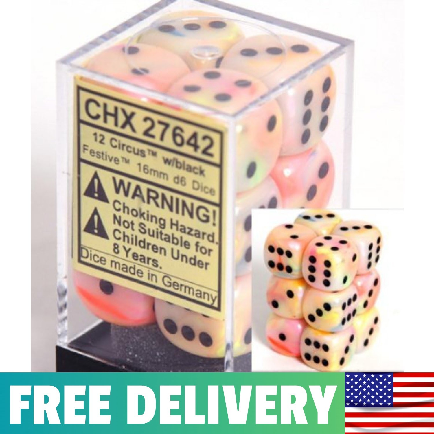 Dice D6 Sets: Festive Circus With Black - 16Mm Six Sided Die Block Of Dice,