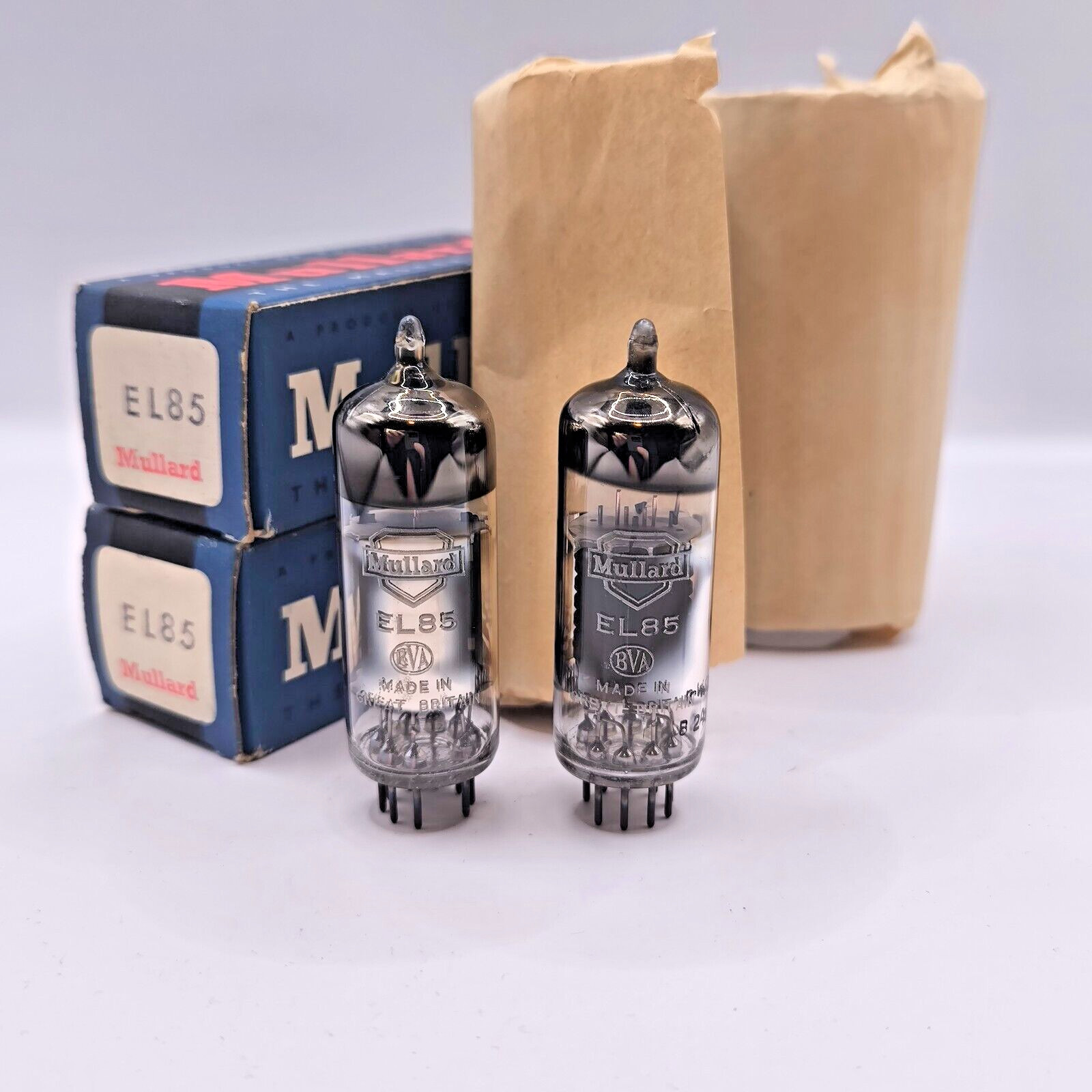 Mullard EL85 6BN5 CV3526 N155, NOS NIB, matched pair, Blackburn factory