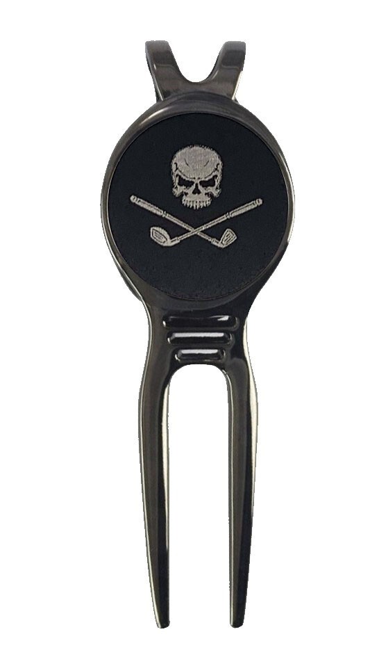 Pirate Skull Golf Ball Marker +Black Gunmetal Divot Laser Engraved