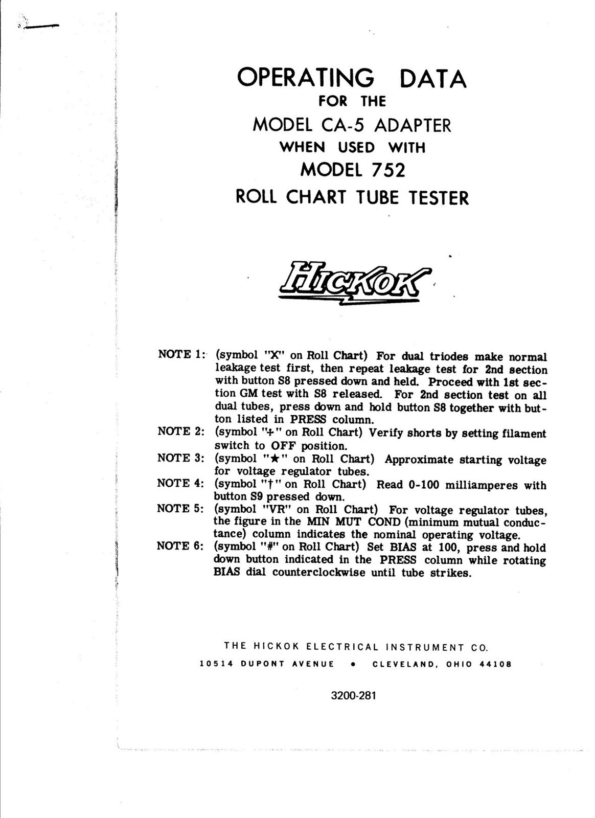 COPY OF THE CA-5 OPERATING DATA WITH THE HICKOK MODEL 752 ROLL CHART TUBE TESTER