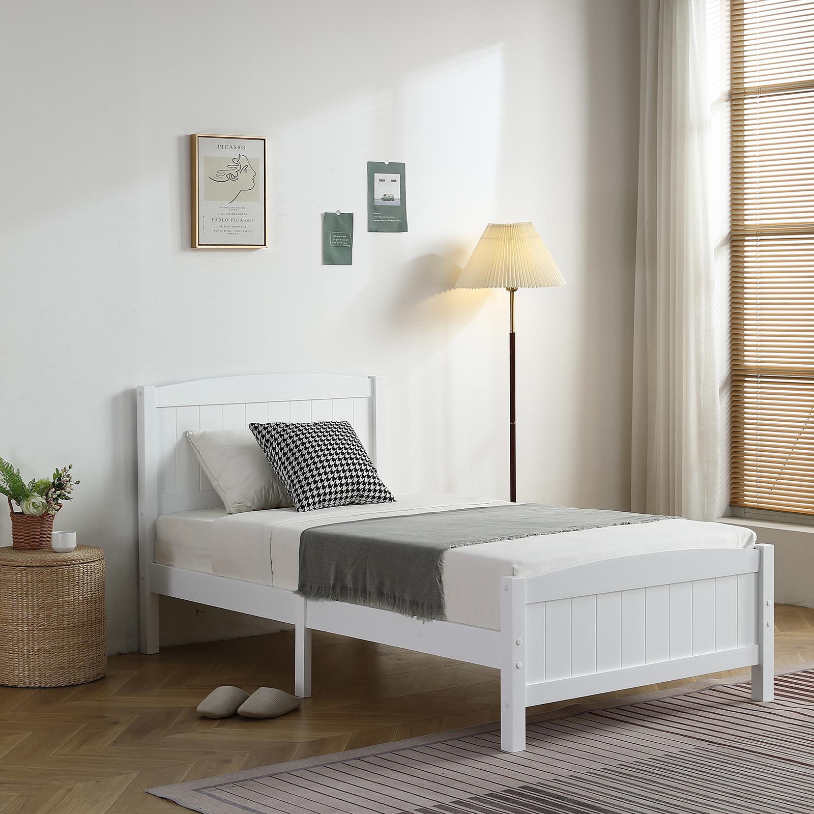 White Twin Size Solid Wood Platform Bed Frame Single Bed with Headboard