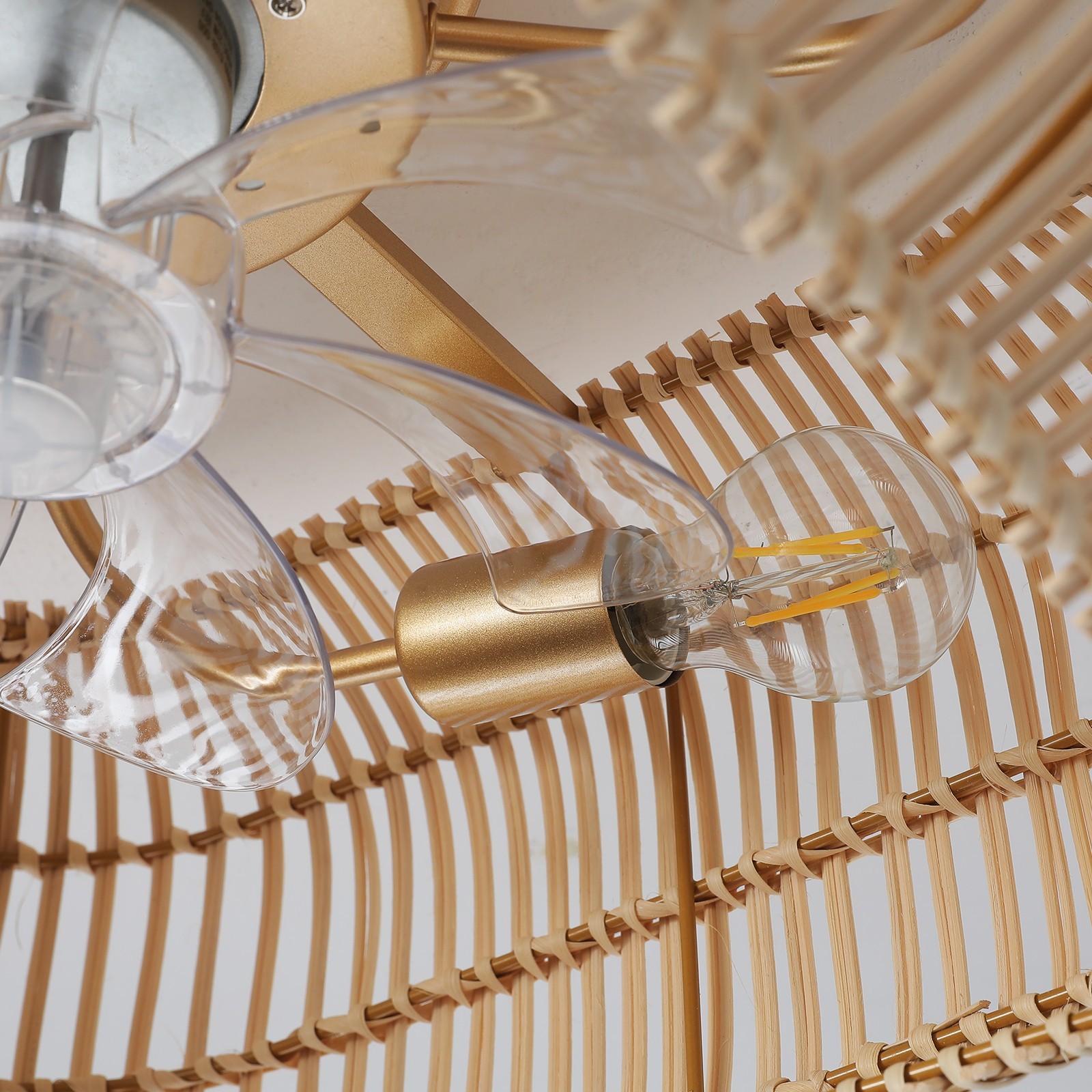 20" Boho Ceiling Fan with Light, Rattan Caged Flush Mount Ceiling Fan