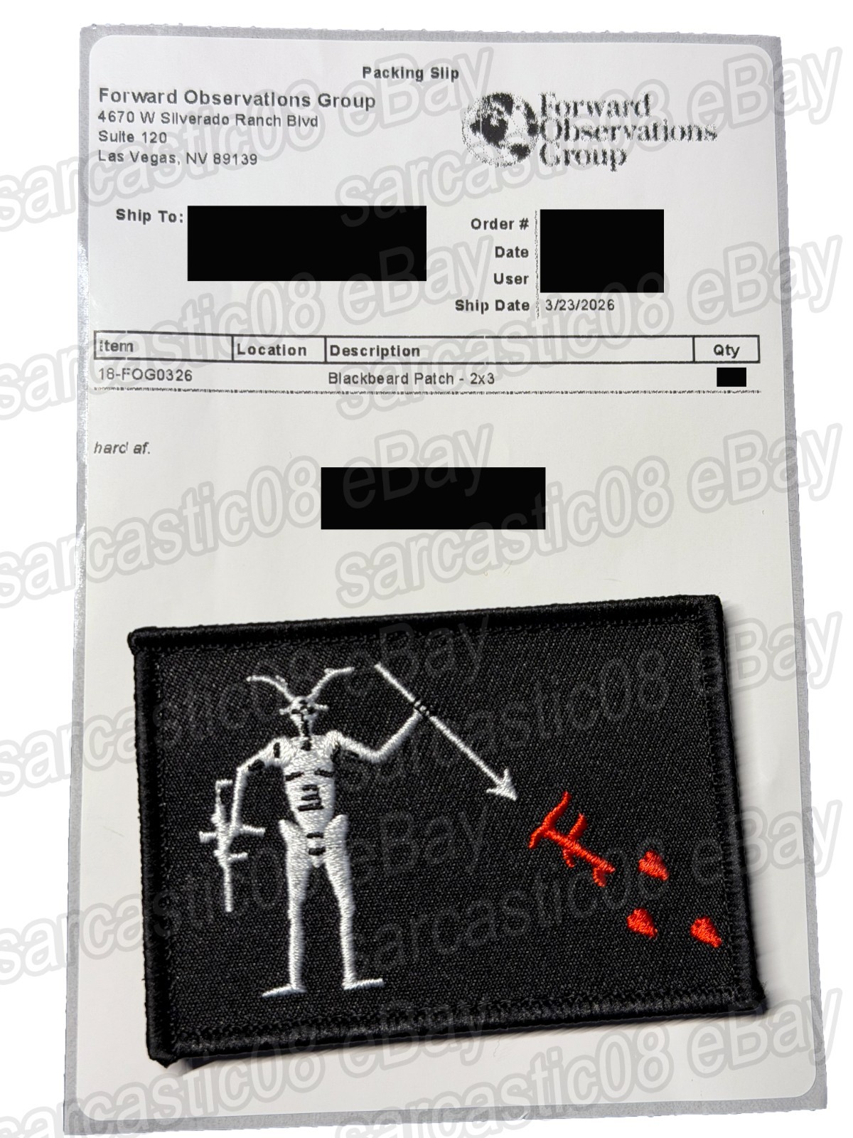 AUTHENTIC Forward Observations Group FOG Blackbeard Queen Anns Revenge Patch NEW