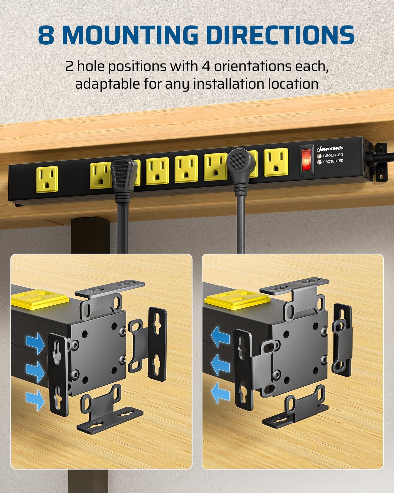DEWENWILS Industrial Power Strip 8 Wide-Spaced Outlet, Metal Workshop Power Stri