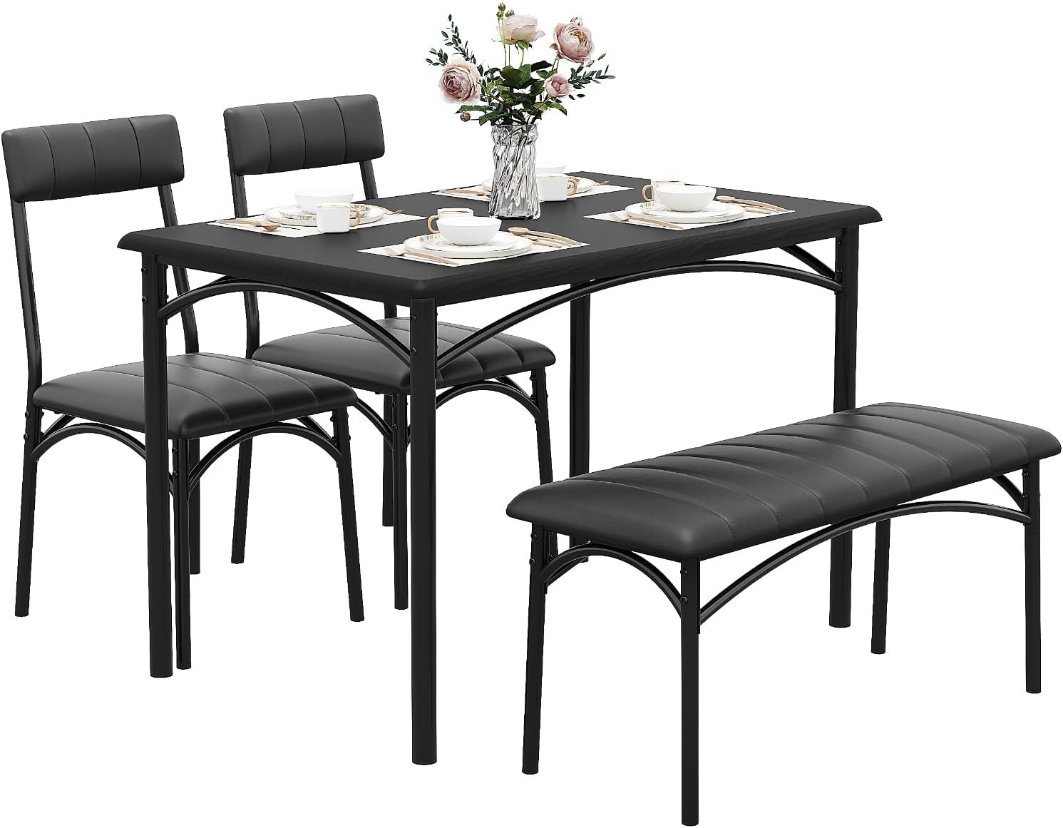 Dining Table Set 4 Space-Saving Wood Kitchen Table W/ Upholstered Bench & 2