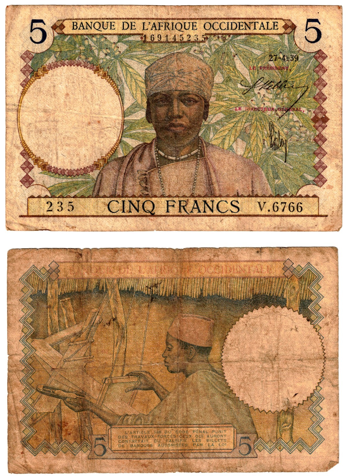 1939 French West Africa 5 Francs P21 circulated  SALE 27-04-1939