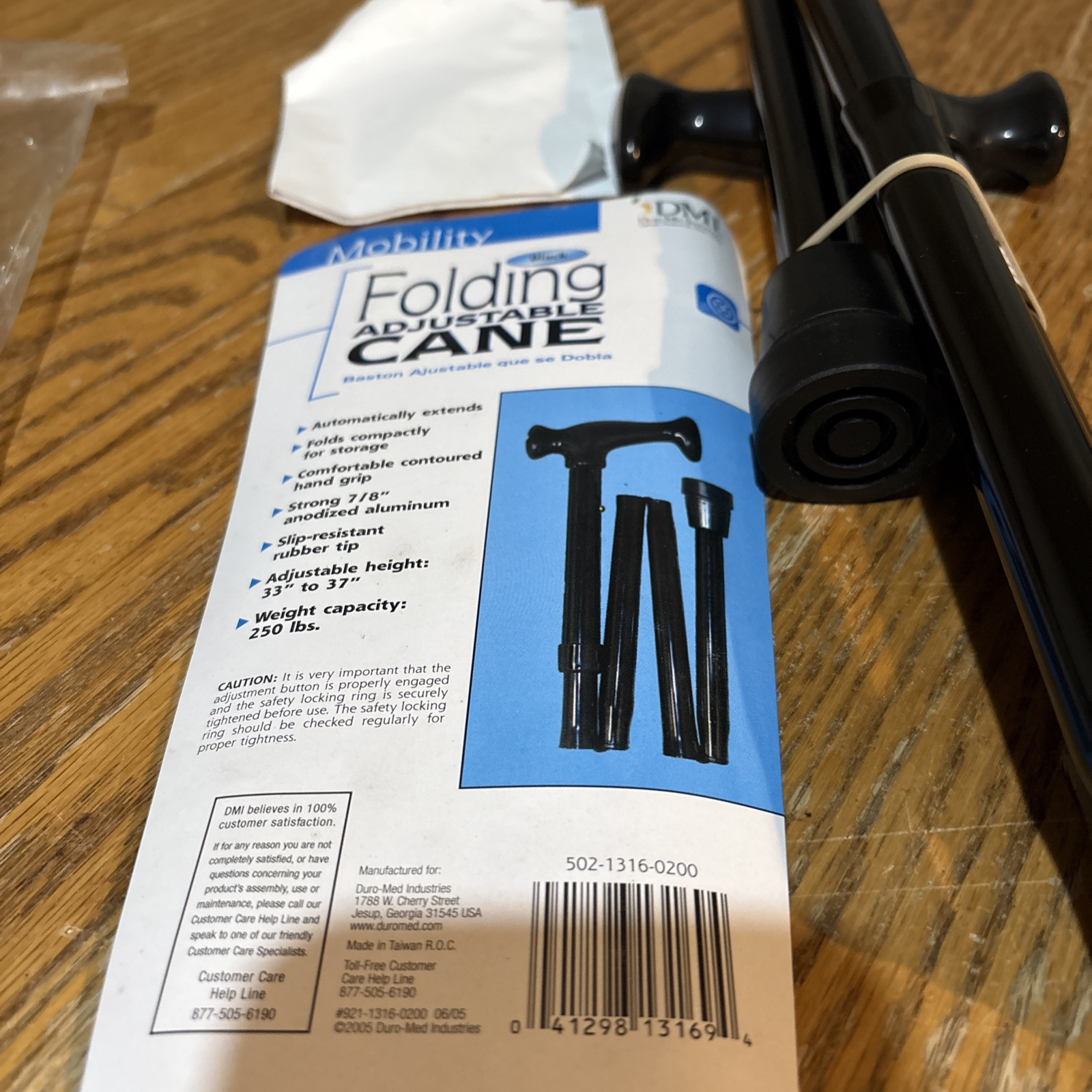 Duro-Med Industries Folding Adjustable Cane 33” To 37” 250 lbs Capacity Black