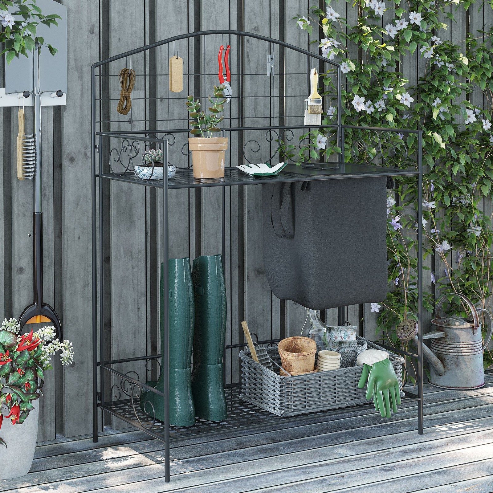 Outdoor Folding Potting Bench Table Metal Garden Planting Workstation w/ Bag