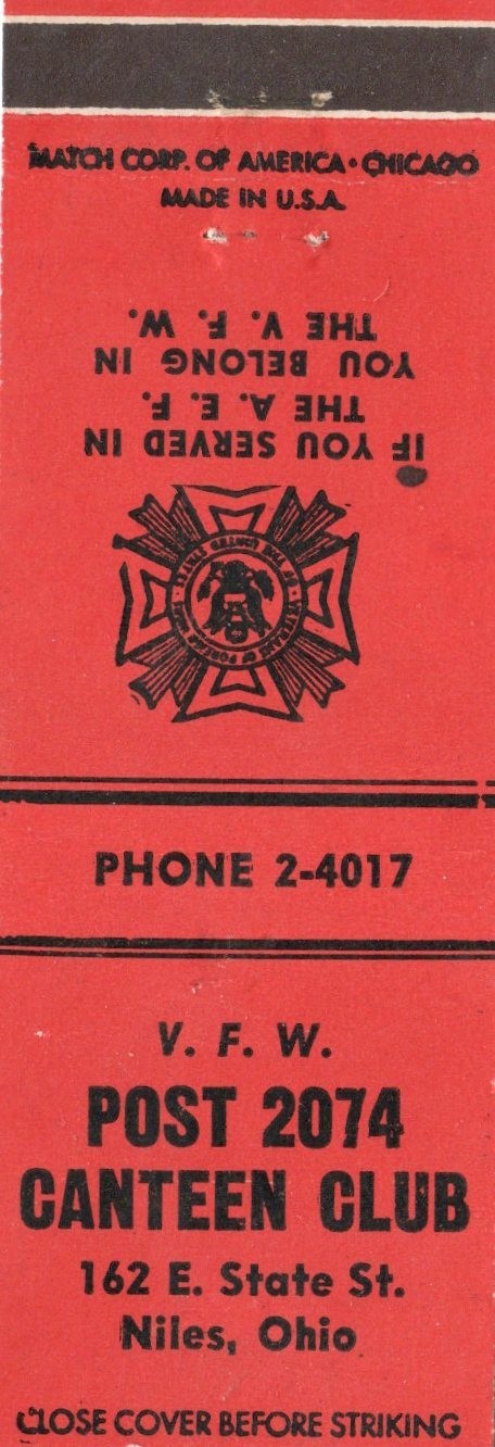 Vintage Matchcover  V F W Post 2074 Canteen Club Niles Ohio
