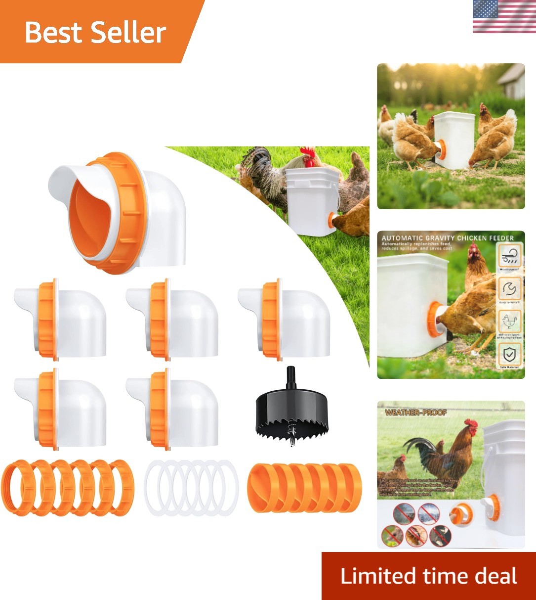 Efficient No Waste Chicken Feeder | 6 Pack with Waterproof Covers & Accessories