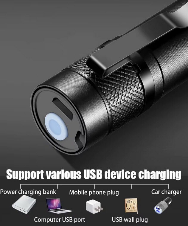 Mini LED Flashlight Black USB Rechargeable Handtool lamp Camping Tourch Lantern
