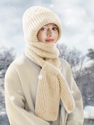 Integrated Ear Protection Windproof Cap Scarf Elastic Knitting Thick Beige