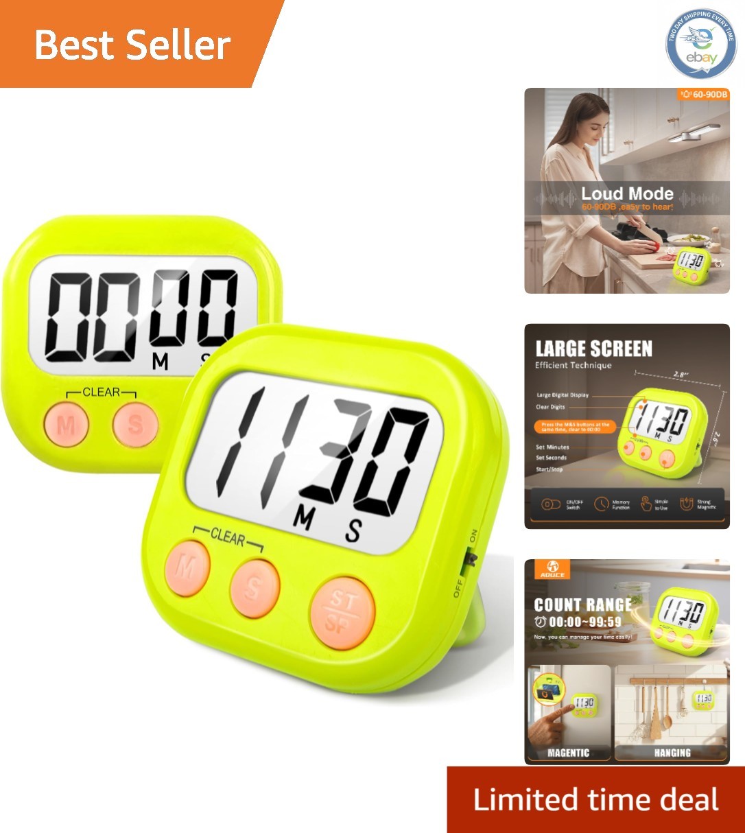 Compact 2-Pack Cooking Timers with Loud Alarms and Versatile Placement - Green