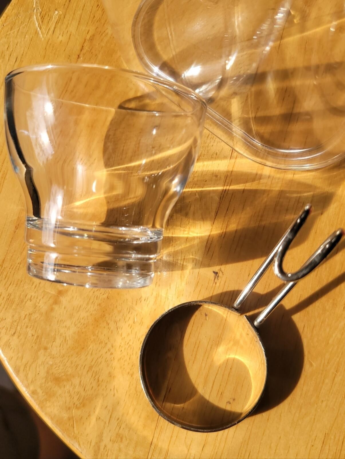 Italian Bormioli Rocco Italy Espresso Cups With Polished Metal Handles.