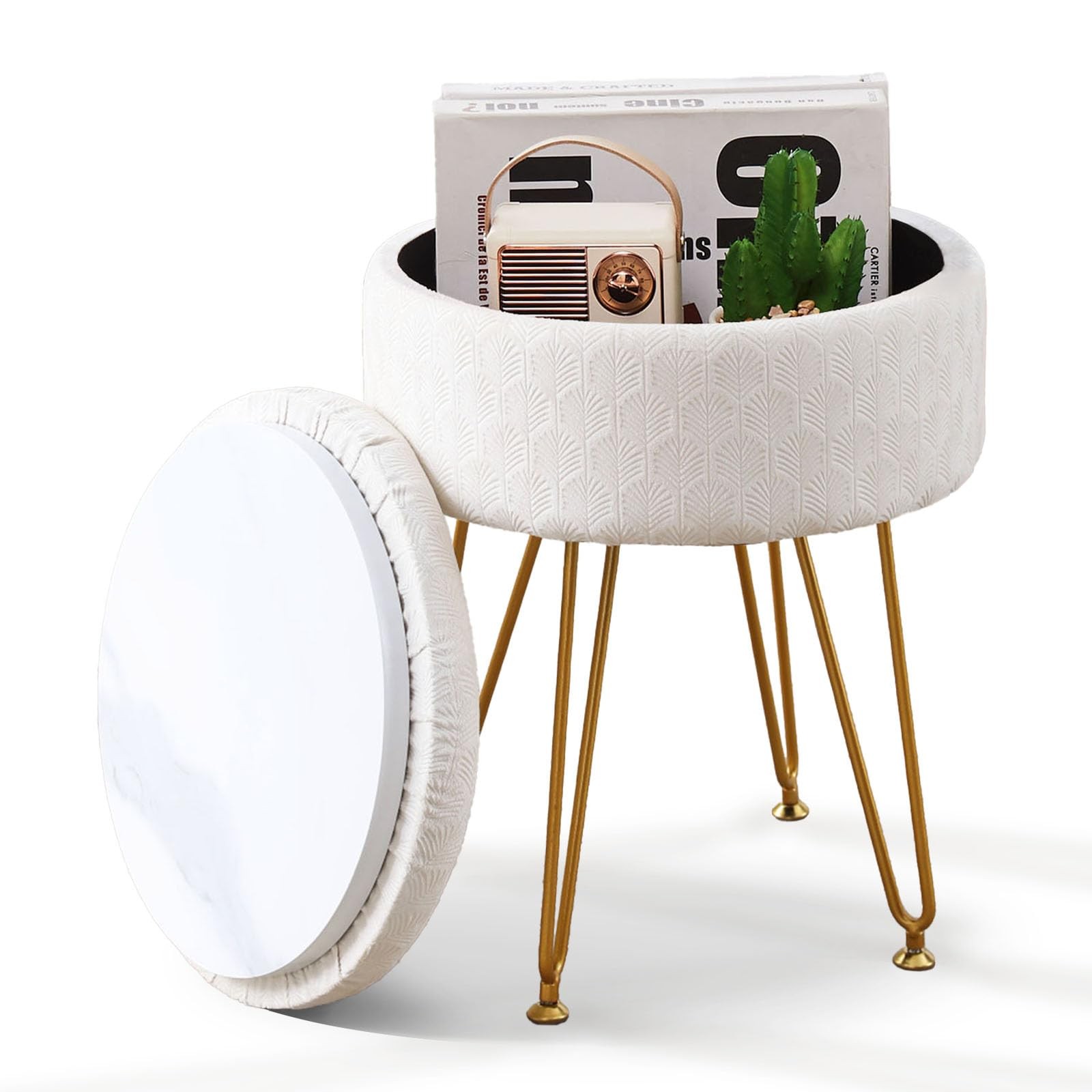 Velvet Storage Ottoman Round Footrest Stool Multifunctional Upholstered Ottom...