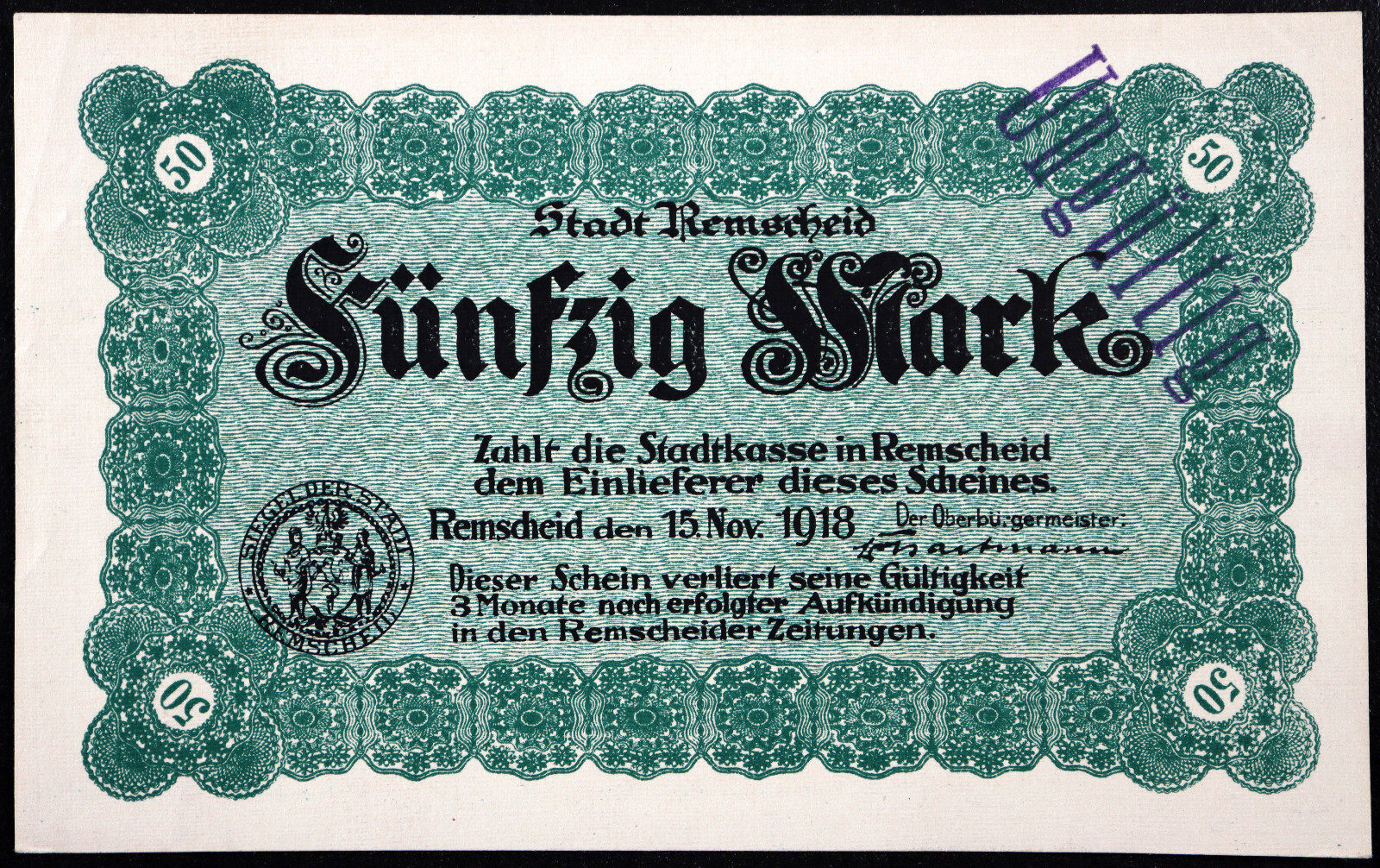 REMSCHEID 1918 50 Mark Grossnotgeld German Notgeld Banknote