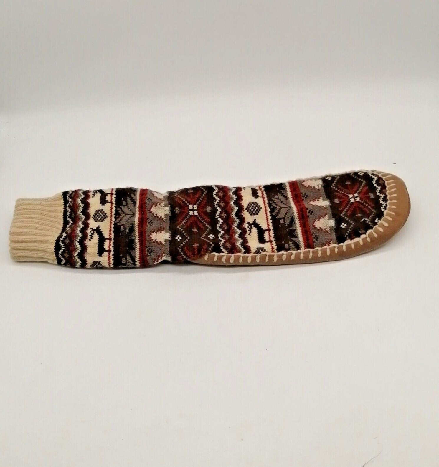 Womens Pull On Mid Calf Slipper Multicolor Tan Knit Cuff Top Suede Outsole 9-10