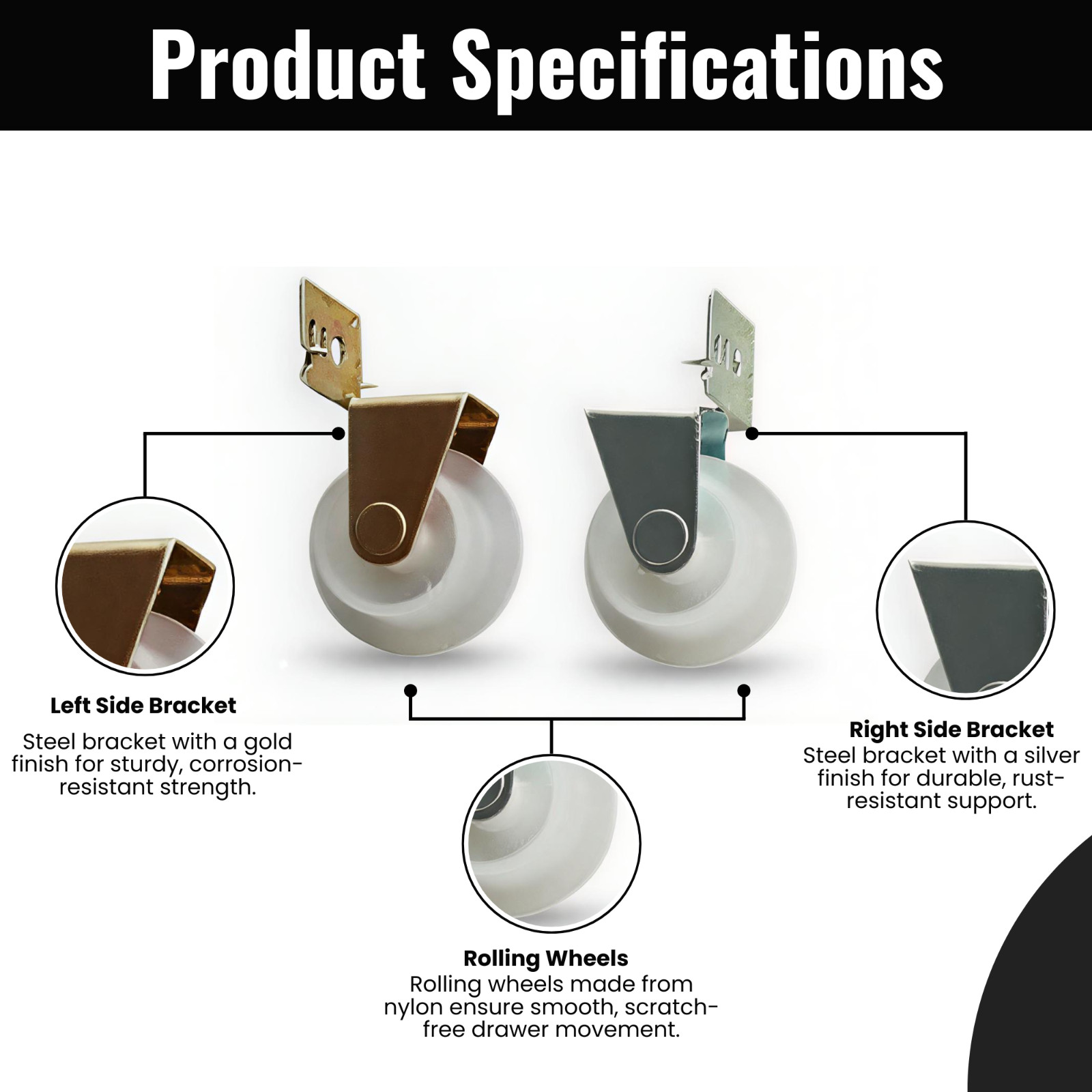 KC Hardware Nylon Drawer Guide Roller, Kitchen Drawer, Nylon Wheels- Pack 4